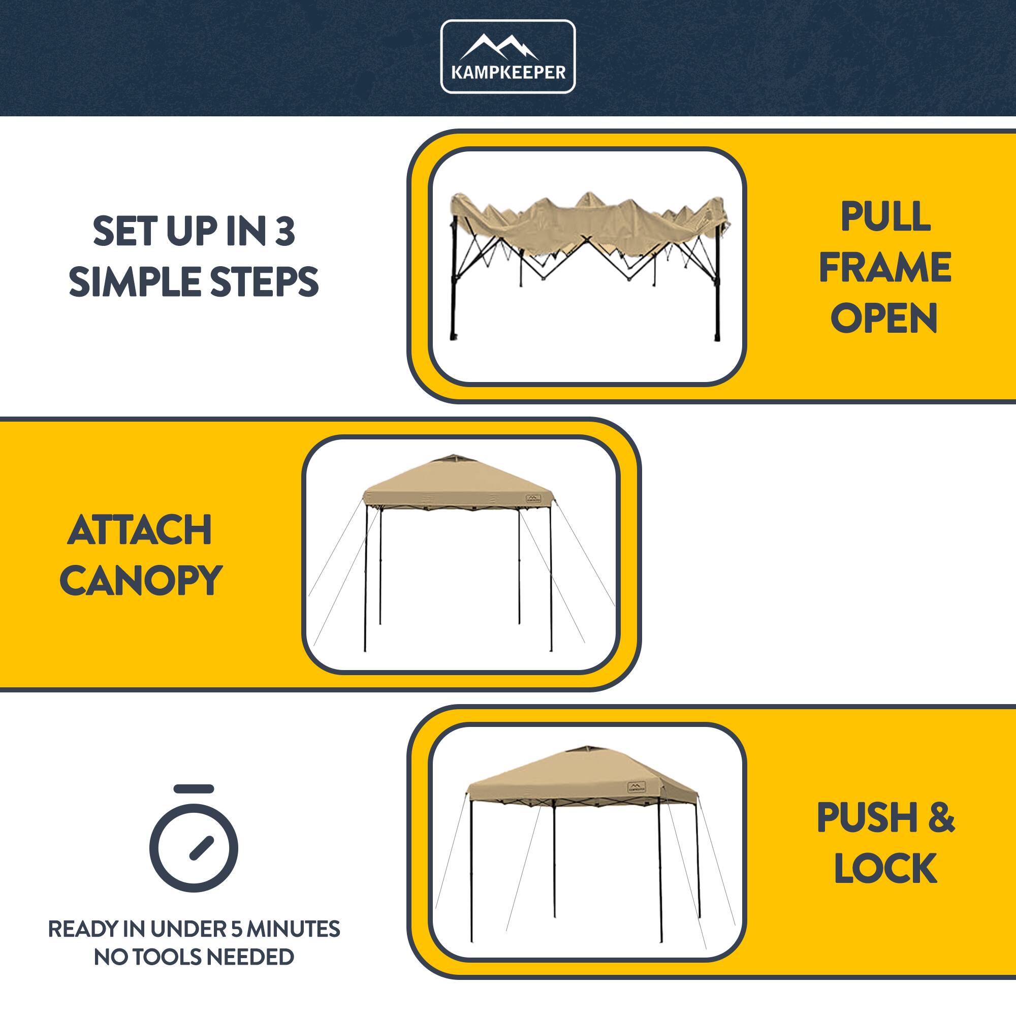 KAMPKEEPER SET UP IN 3 SIMPLE STEPS:  
1. PULL FRAME OPEN  
2. ATTACH CANOPY  
3. PUSH & LOCK  

READY IN UNDER 5 MINUTES  
NO TOOLS NEEDED