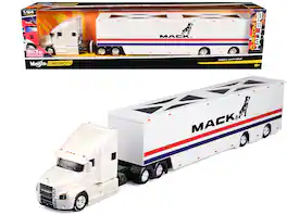 Maisto - Mack Anthem Enclosed Car Transporter "Mack" Stripes "Custom Haulers" Series 1/64 - White with Red and Blue