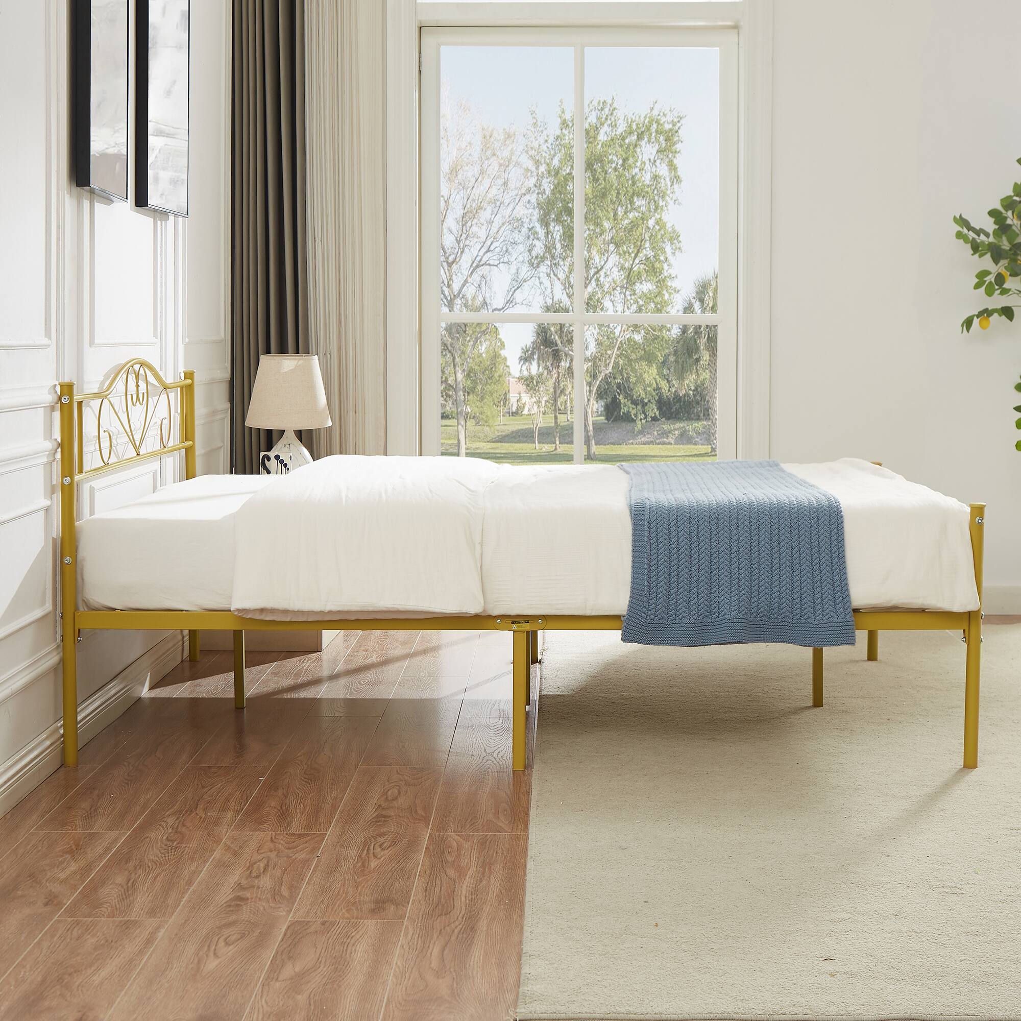 Alt View 2. Vecelo - 14" Full Metal Bed Frame with Headboard&Footboard, Heavy Duty Steel Slats, No Box Spring, Gold-Easy Assembly - Gold.