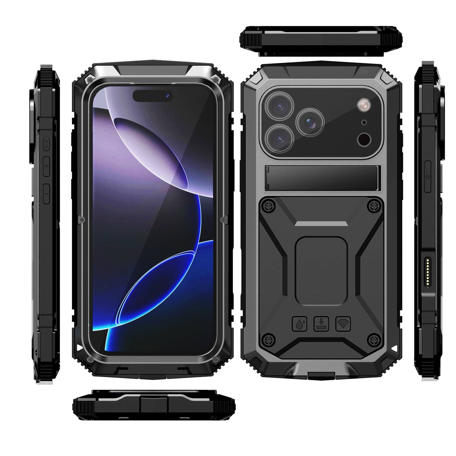 Alt View 5. Dteck - For iPhone 17 Pro Max Case Outdoor Sports Kickstand Rugged Heavy Duty Full Body Cover with Built in Screen Protector - Black.