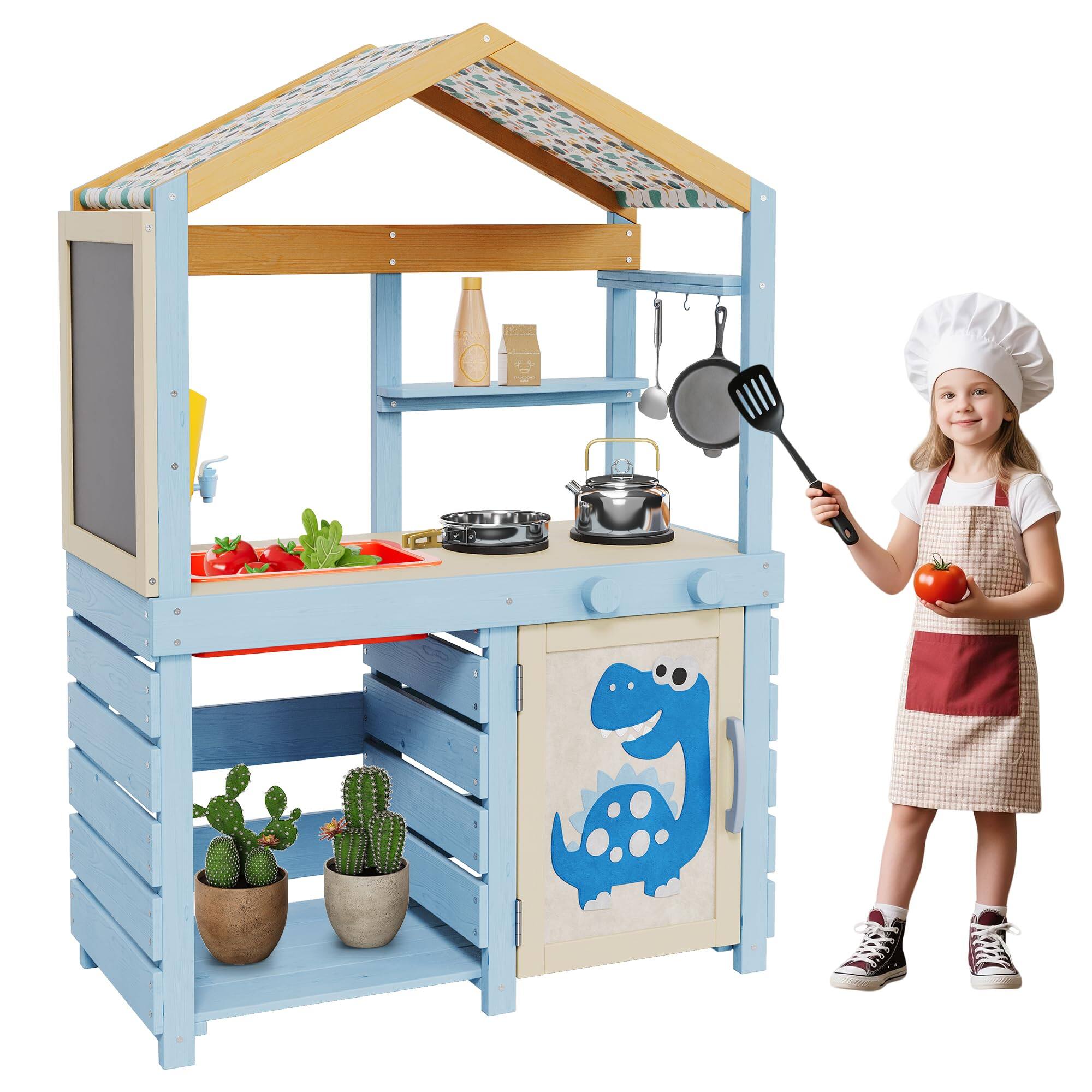 Front. Acekool - Outdoor Wooden Mud Kitchen for Kids with Canopy, Sink, Faucet, Chalkboard, Storage Shelves & Pretend Stove Playset - Blue.