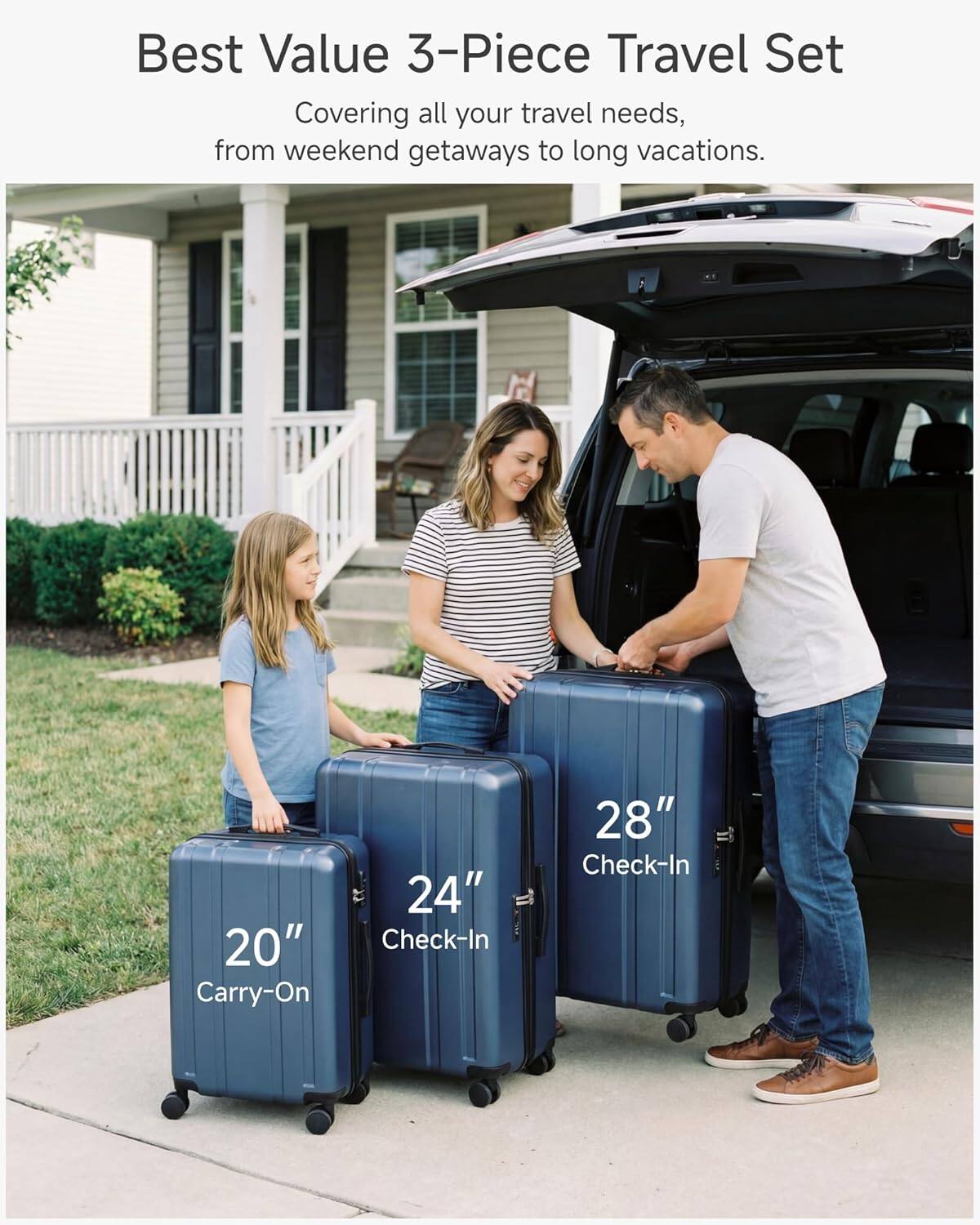Best Value 3-Piece Travel Set  
Covering all your travel needs, from weekend getaways to long vacations.  
20" Carry-On  
24" Check-In  
28" Check-In