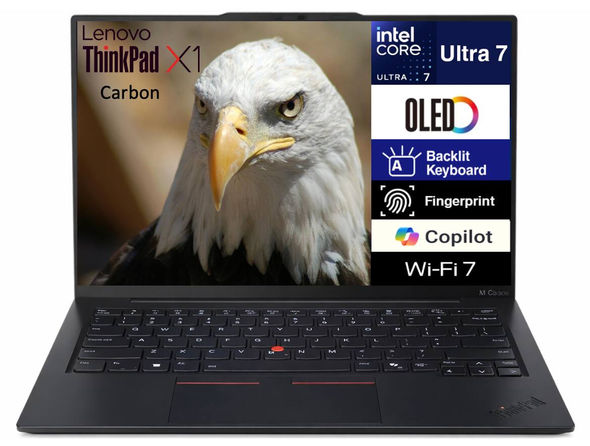 Lenovo ThinkPad X1 Carbon  
Intel Core Ultra 7  
OLED  
Backlit Keyboard  
Fingerprint  
Copilot  
Wi-Fi 7
