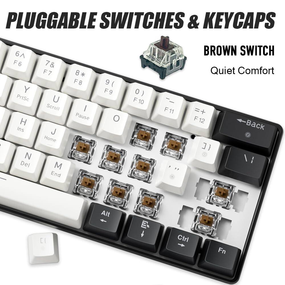 PLUGGABLE SWITCHES & KEYCAPS

BROWN SWITCH
Quiet Comfort

6 F6 Y PrtSc H Ins N Del 7 F7 U Scroll J Home M End 8 F8 I Pause 9 F9 O 0 F10 F11 F12 Back

Alt Ctrl Fn
