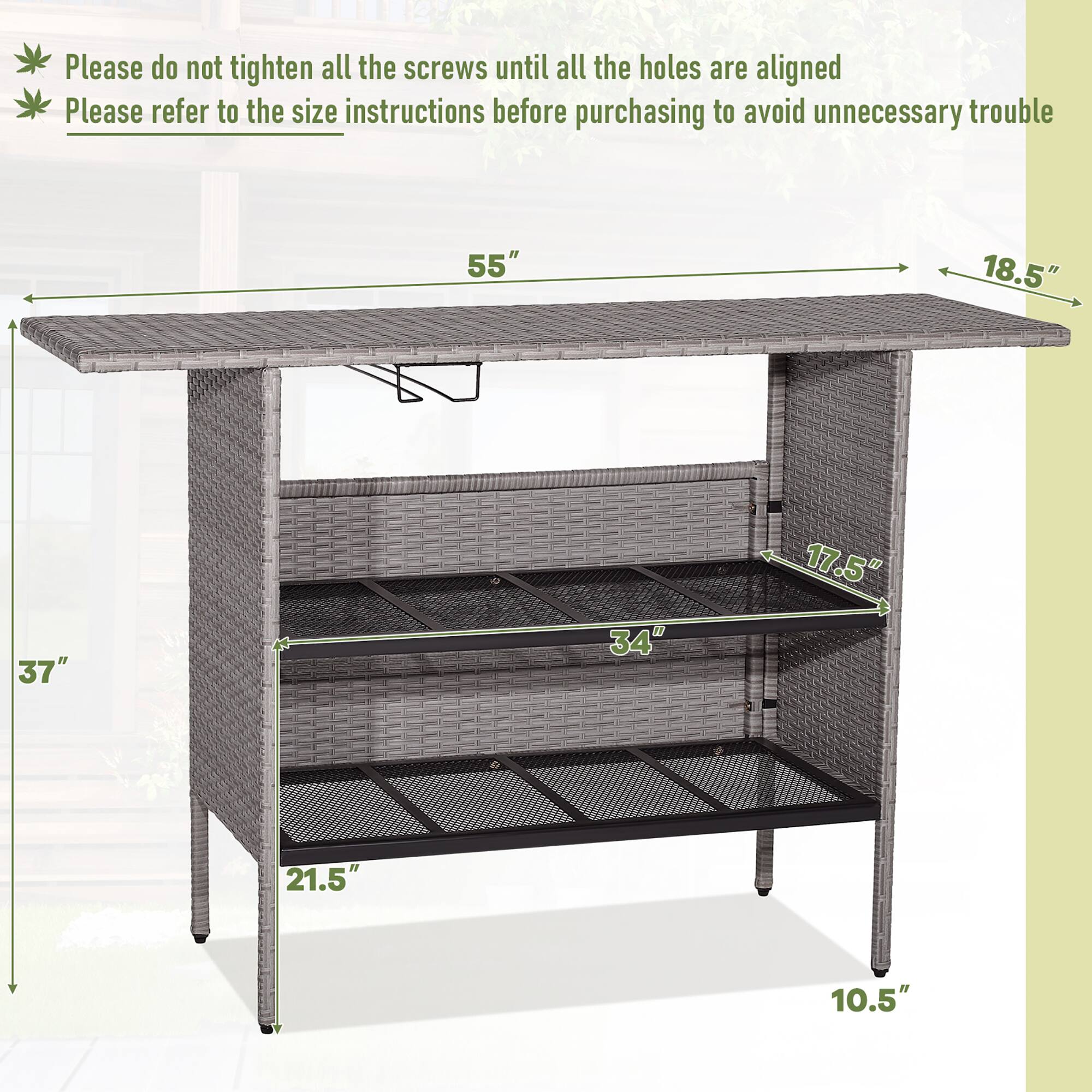 Please do not tighten all the screws until all the holes are aligned.  
Please refer to the size instructions before purchasing to avoid unnecessary trouble.

- 55" (length)
- 18.5" (depth)
- 37" (height)
- 34" (width of the shelf)
- 17.5" (depth of the shelf)
- 21.5" (height of the shelf)
- 10.5" (height of the legs)