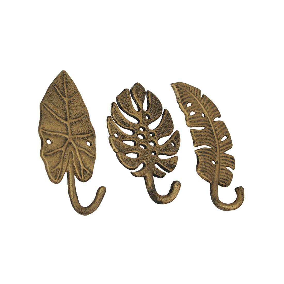 Alt View 1. Zeckos - Set of 3 Cast Iron Gold Tropical Leaf Decorative Wall Hooks Towel Hanger Rack - Gold.