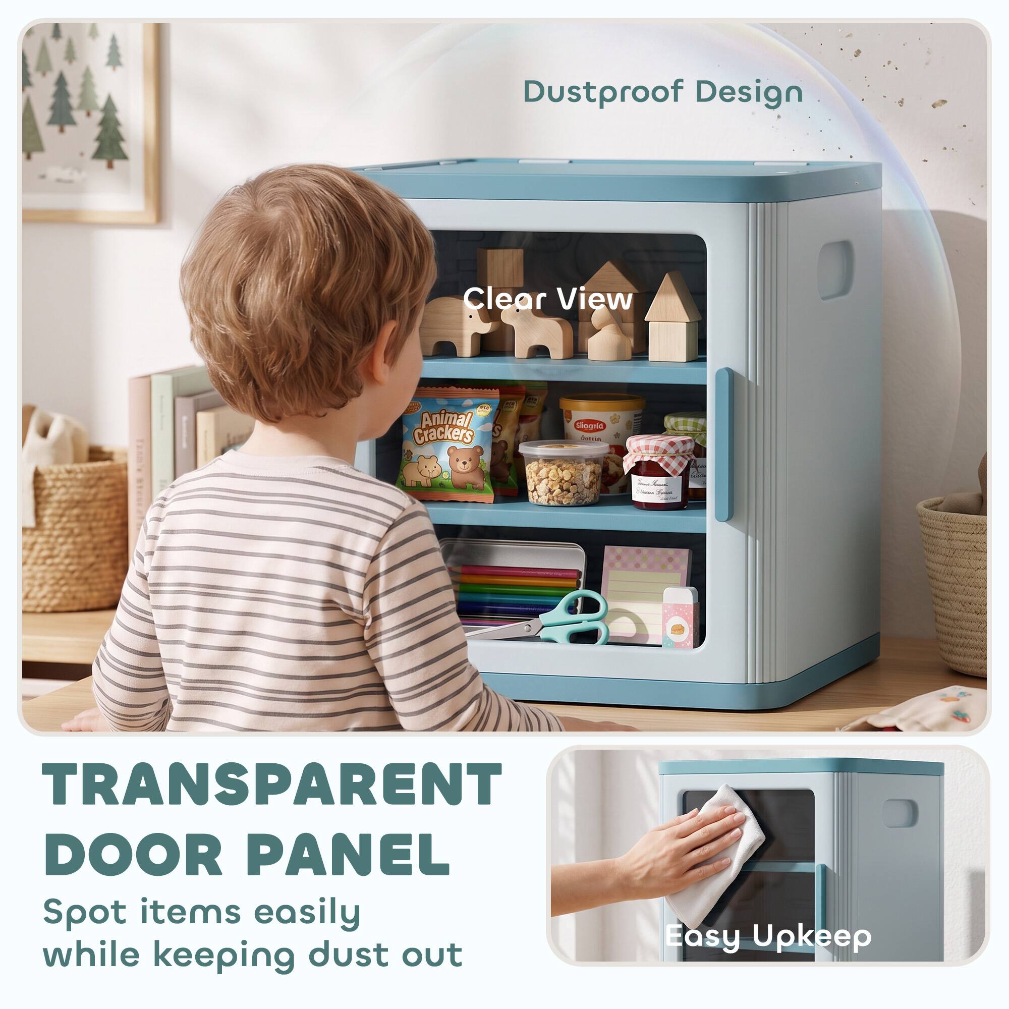 Dustproof Design  
Clear View  
Animal Crackers  
Gloona Bottin  

TRANSPARENT DOOR PANEL  
Spot items easily while keeping dust out  
Easy Upkeep