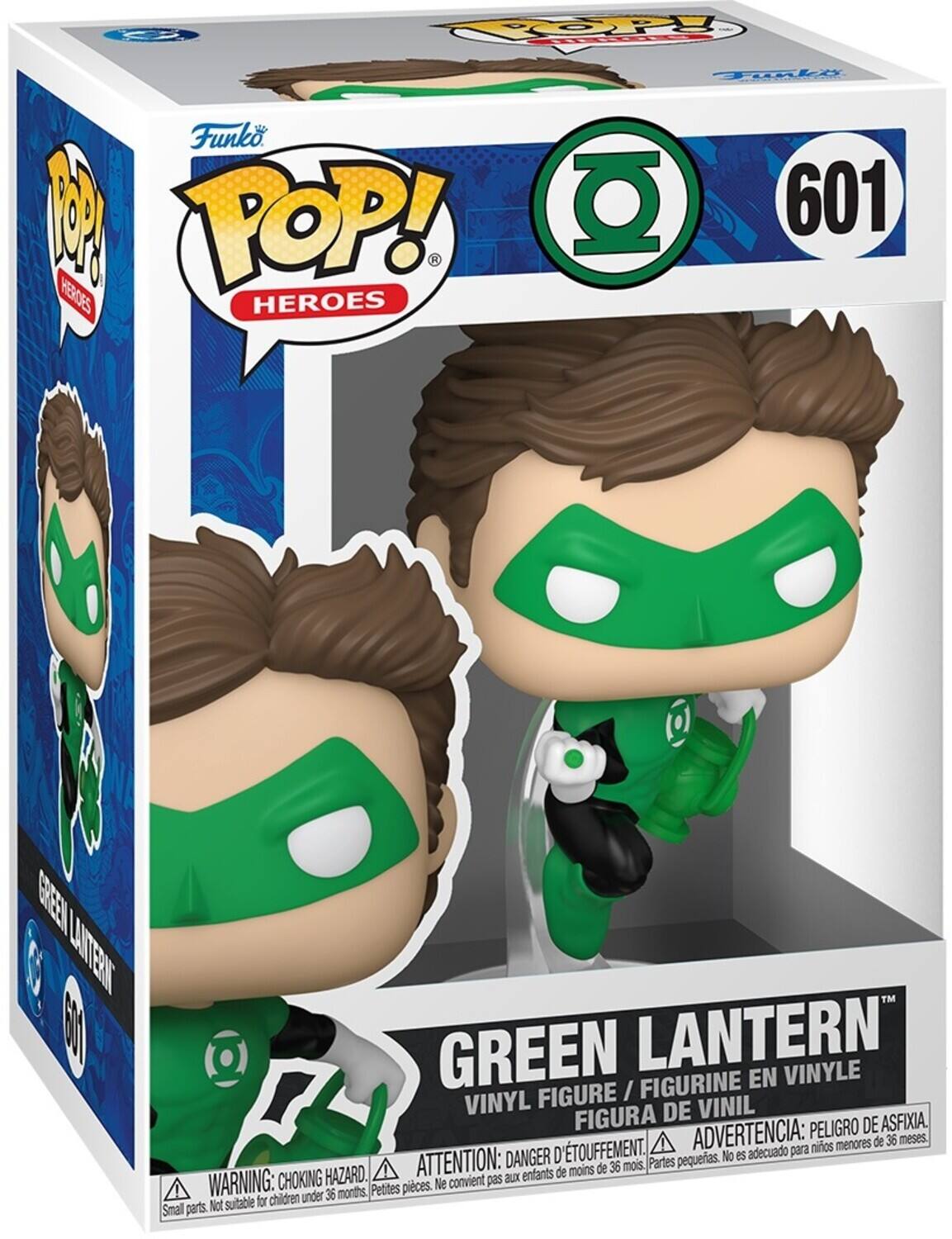 Sure, here is the corrected and grouped text from the image:

---

**Funko POP! HEROES**

**GREEN LANTERN**

**601**

**VINYL FIGURE / FIGURINE EN VINYLE / FIGURA DE VINIL**

**WARNING: CHOKING HAZARD. Small parts. Not suitable for children under 36 months.**

**ADVERTENCIA: PEQUEÑAS PIEZAS. NO ES ADECUADO PARA NIÑOS MENORES DE 36 MESES.**

**ATTENTION: DANGER D'ÉTOUFFEMENT. Ne convient pas aux enfants de moins de 36 mois.**

**PELIGRO DE ASFIXIA. No es adecuado para niños menores de 36 meses.**

---

This text is from the packaging of a Funko Pop! vinyl figure of Green Lantern.