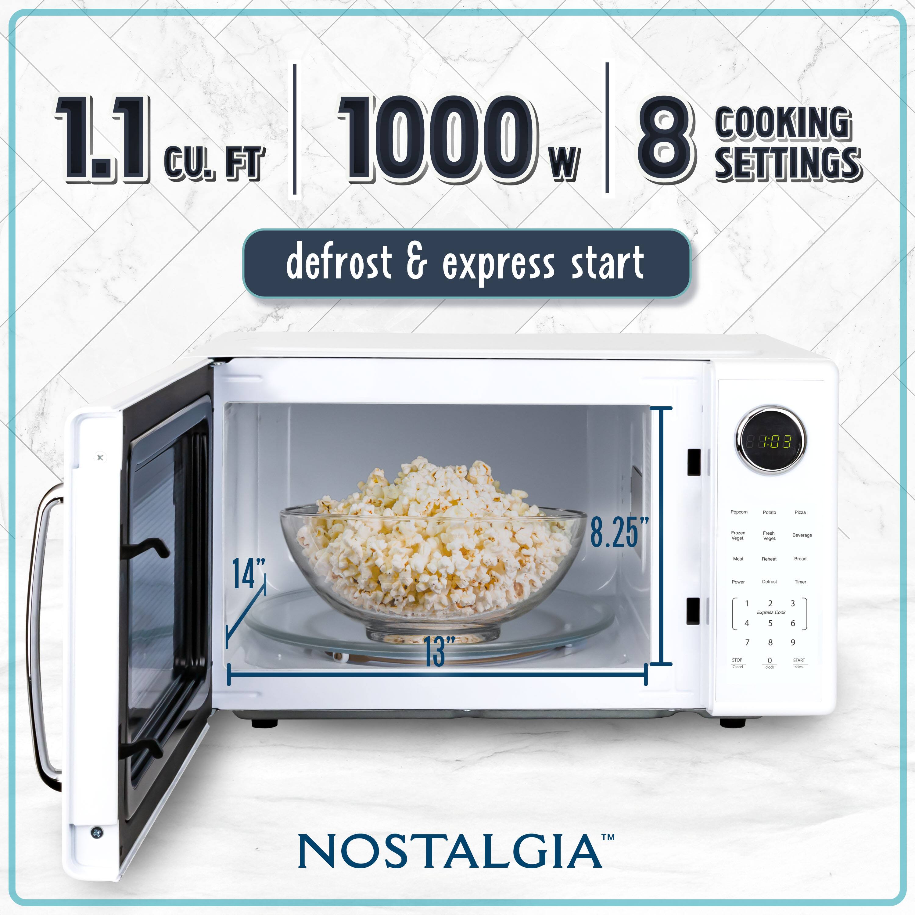 1.1 cu. ft.  
1000 w  
8 cooking settings  
defrost & express start  

14"  
13"  
8.25"  

NOSTALGIA™
