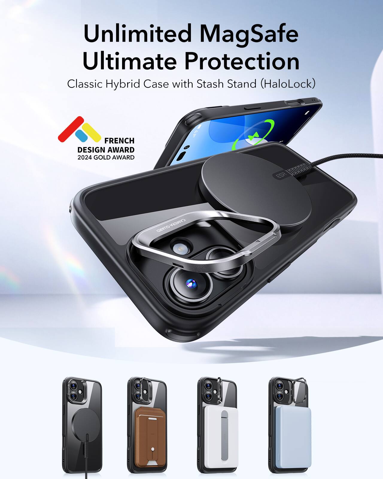Unlimited MagSafe Ultimate Protection Classic Hybrid Case with Stash Stand (HaloLock) FRENCH DESIGN AWARD 2024 GOLD AWARD ESP CAMERA TE0