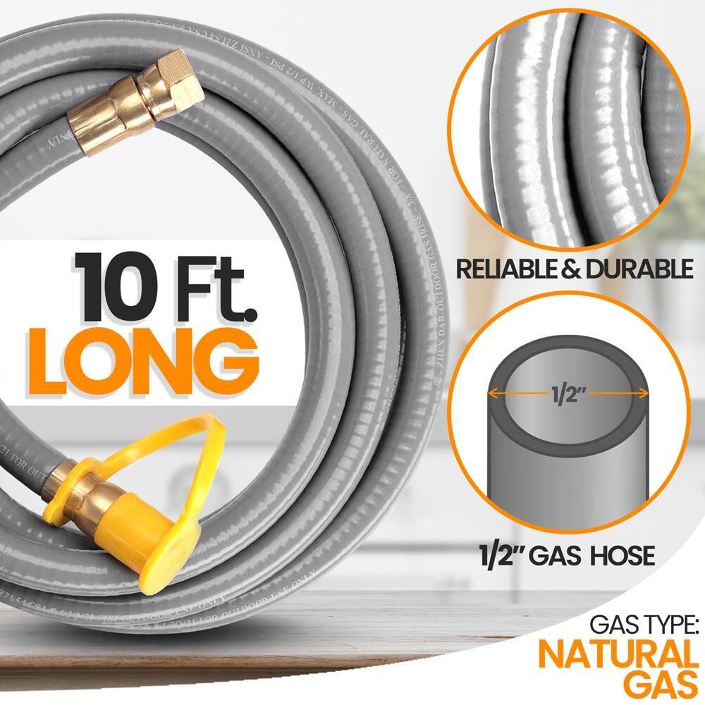7254 ISNV V ISa C/IdA 1/2 dA MAX. GAS AING NATURAL FOR BE son GAS RELIABLE & DURABLE 10 Ft. LONG NZ 1/2" 21 FOR OUT 1/2" GAS HOSE GAS TYPE: NATURAL GAS