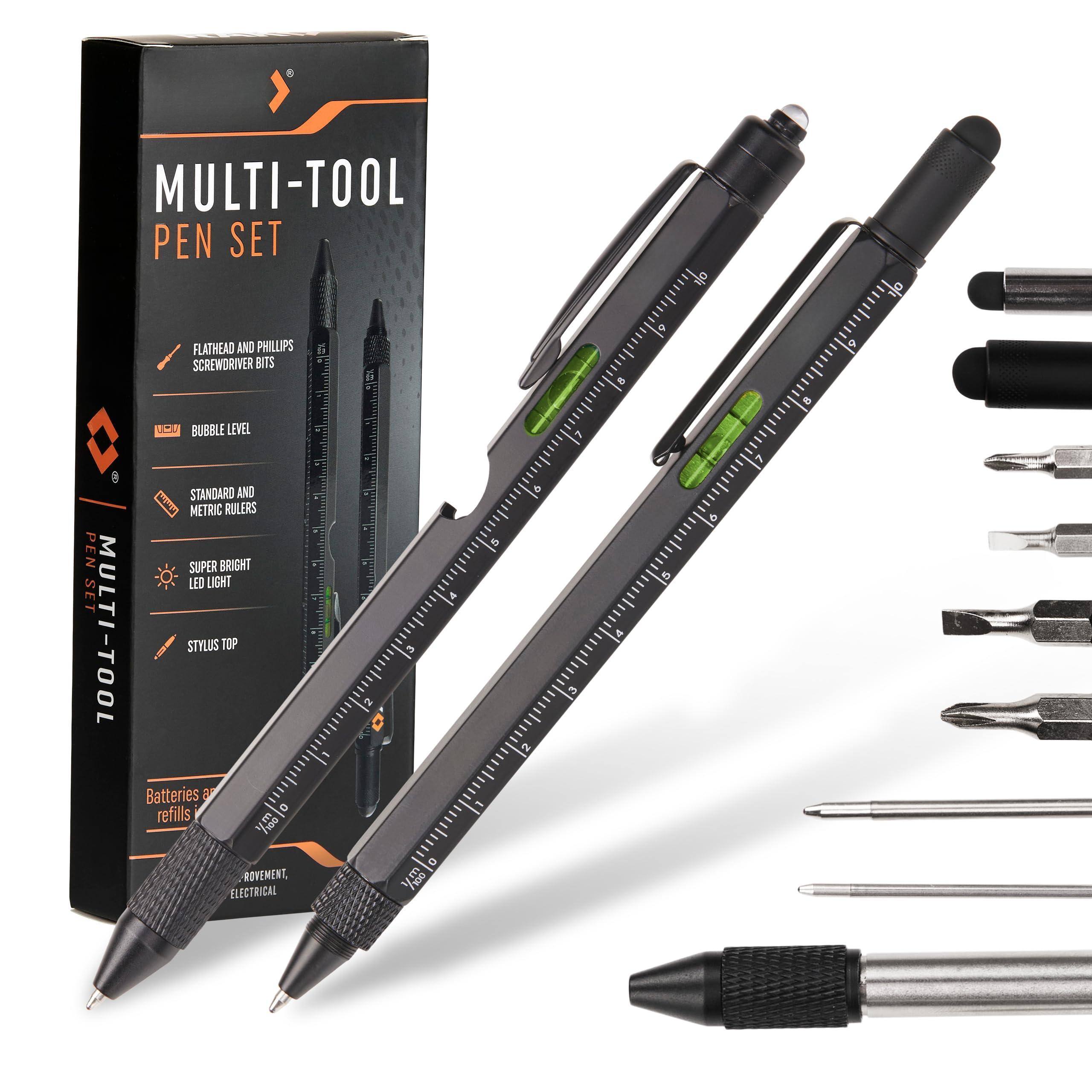 MULTI-TOOL PEN SET

- FLATHEAD AND PHILLIPS SCREWDRIVER BITS
- BUBBLE LEVEL
- STANDARD AND METRIC RULERS
- SUPER BRIGHT LED LIGHT
- STYLUS TOP

Batteries and refills

- REMOVED, ELECTRICAL