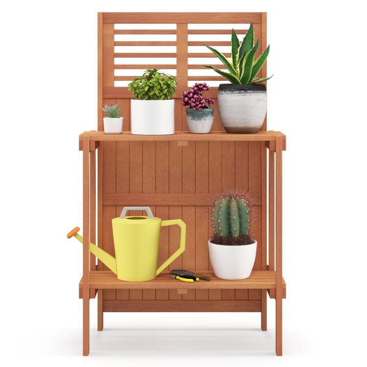 SlickBlue - Teak Oil Finished Folding Potting Bench with 2 Tier Storage for Garden Yard - Natural