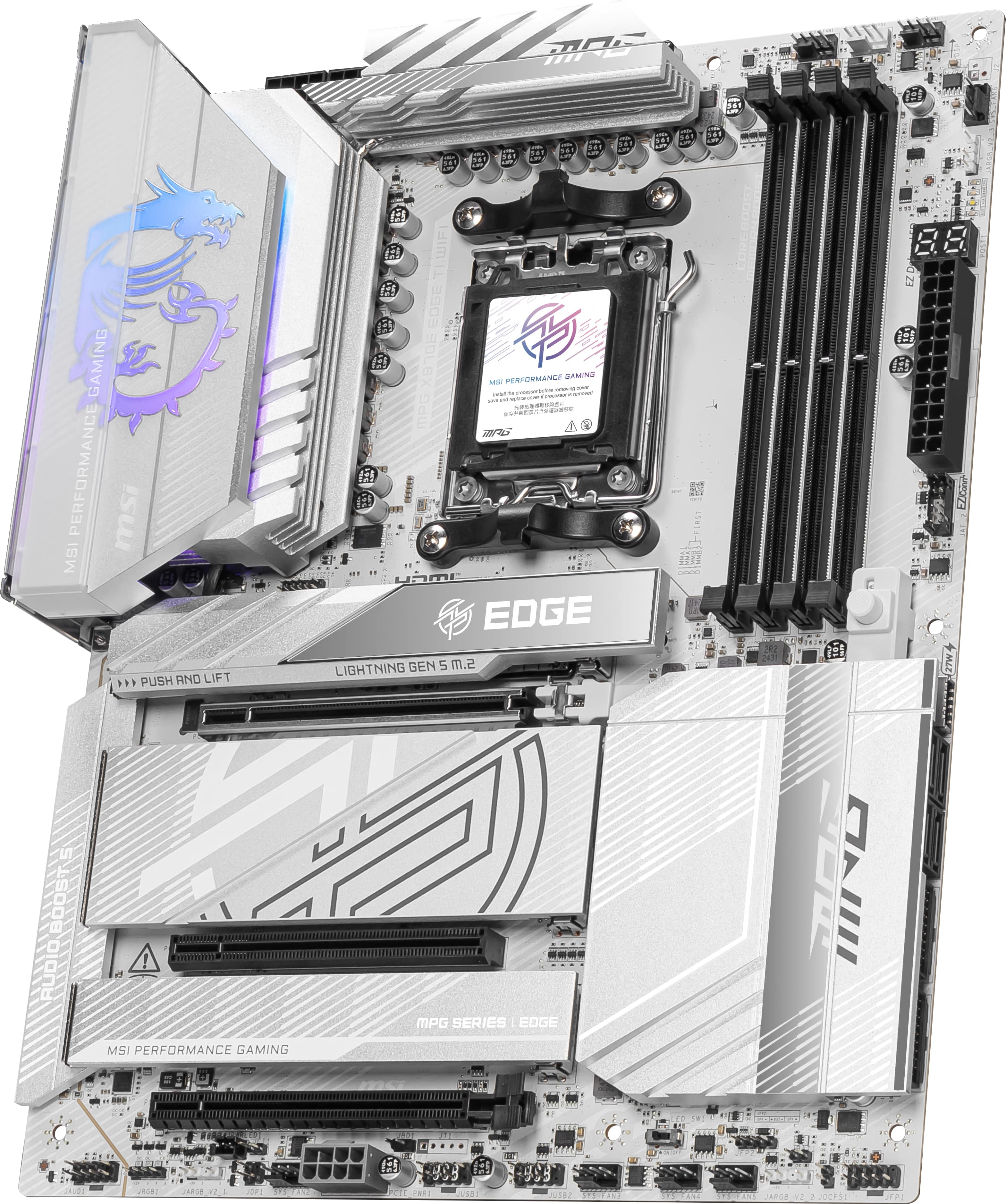 The text on the image is:
"MSI Gaming Performance. 1 Push and Lift Boosts! Audio 7. MSI Performance Gaming Twin Frozr. MSI Edge. Lightning Gen 5. M.2. S.m. M.2. Series. M.2. Edge. EZ0 19 125. 700 I7W CALDE RBT. d STEP UP J0CP1 JEP2."