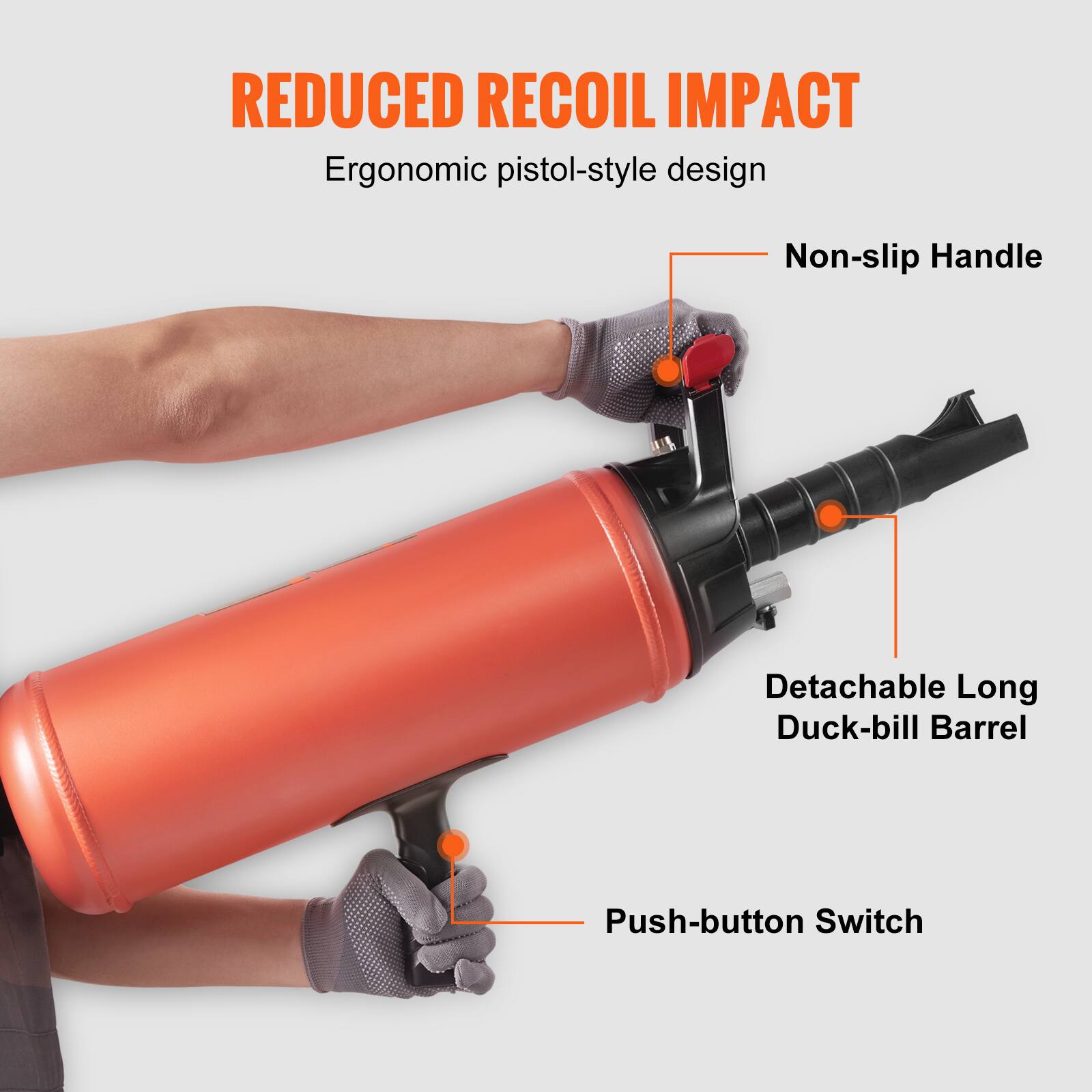 REDUCED RECOIL IMPACT  
Ergonomic pistol-style design  
Non-slip Handle  
Detachable Long Duck-bill Barrel  
Push-button Switch