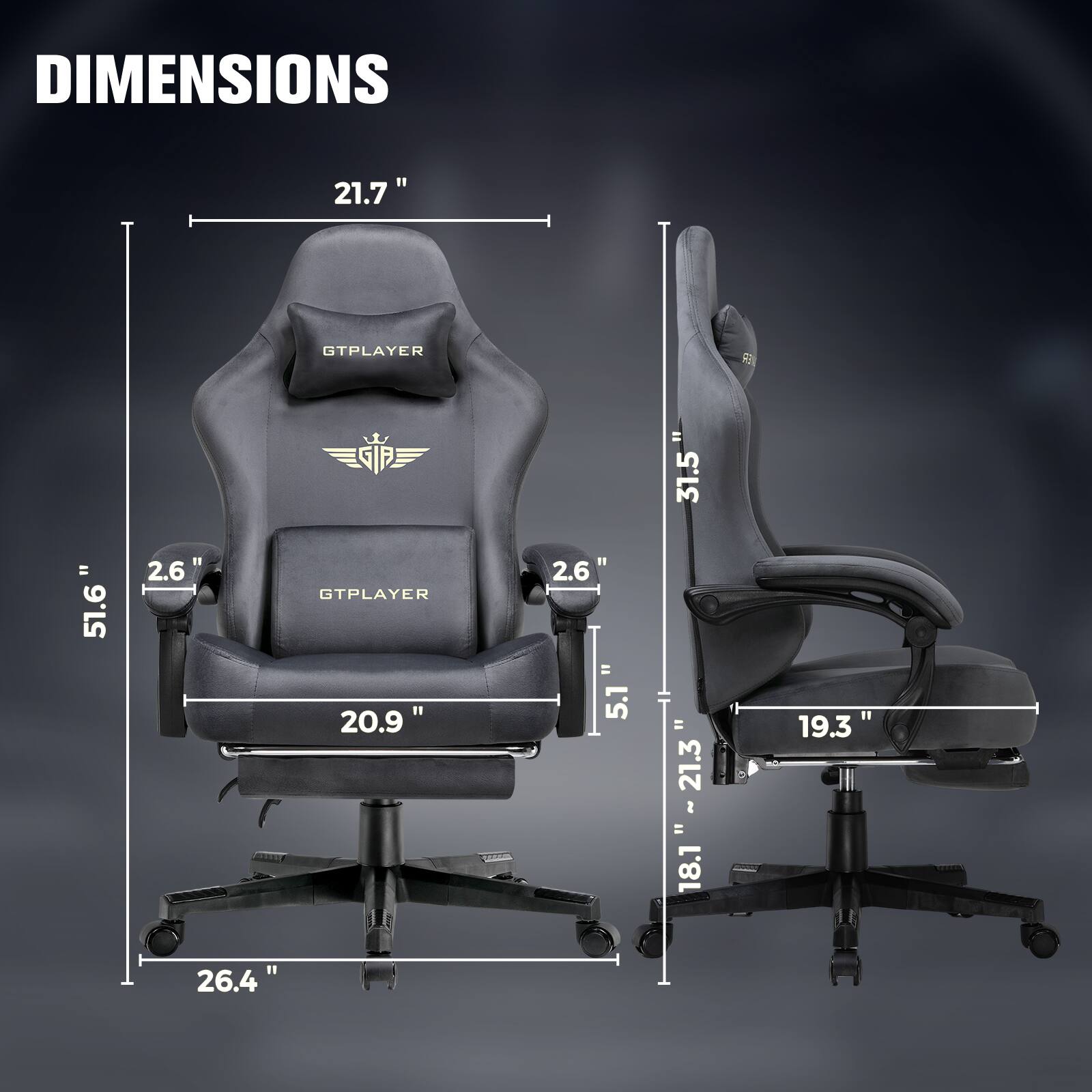 DIMENSIONS

- Height: 51.6"
- Width: 21.7"
- Depth: 26.4"
- Seat Width: 20.9"
- Armrest Height: 2.6"
- Back Height: 31.5"
- Seat Depth: 19.3"
- Seat Height: 18.1" - 21.3"