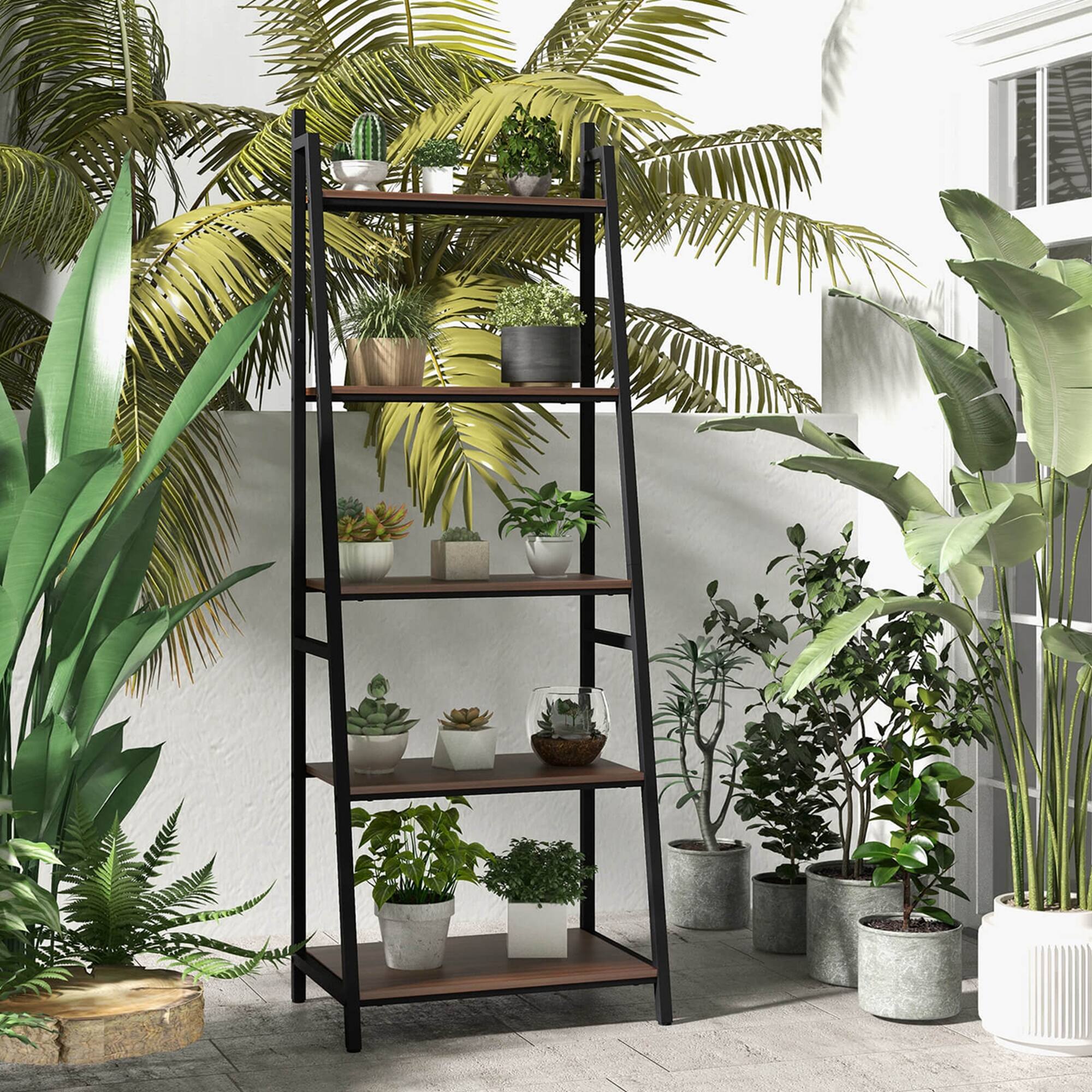 Alt View 4. Costway - Costway Industrial Ladder Shelf Rustic 5 Tier Leaning Bookshelf Wood Metal Bookcase - Brown.