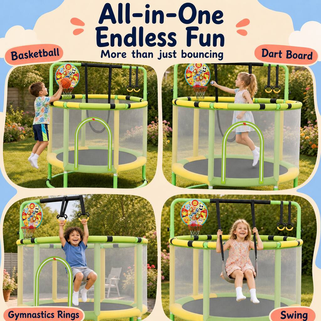All-in-One Endless Fun  
More than just bouncing  
Basketball  
Dart Board  
Gymnastics Rings  
Swing