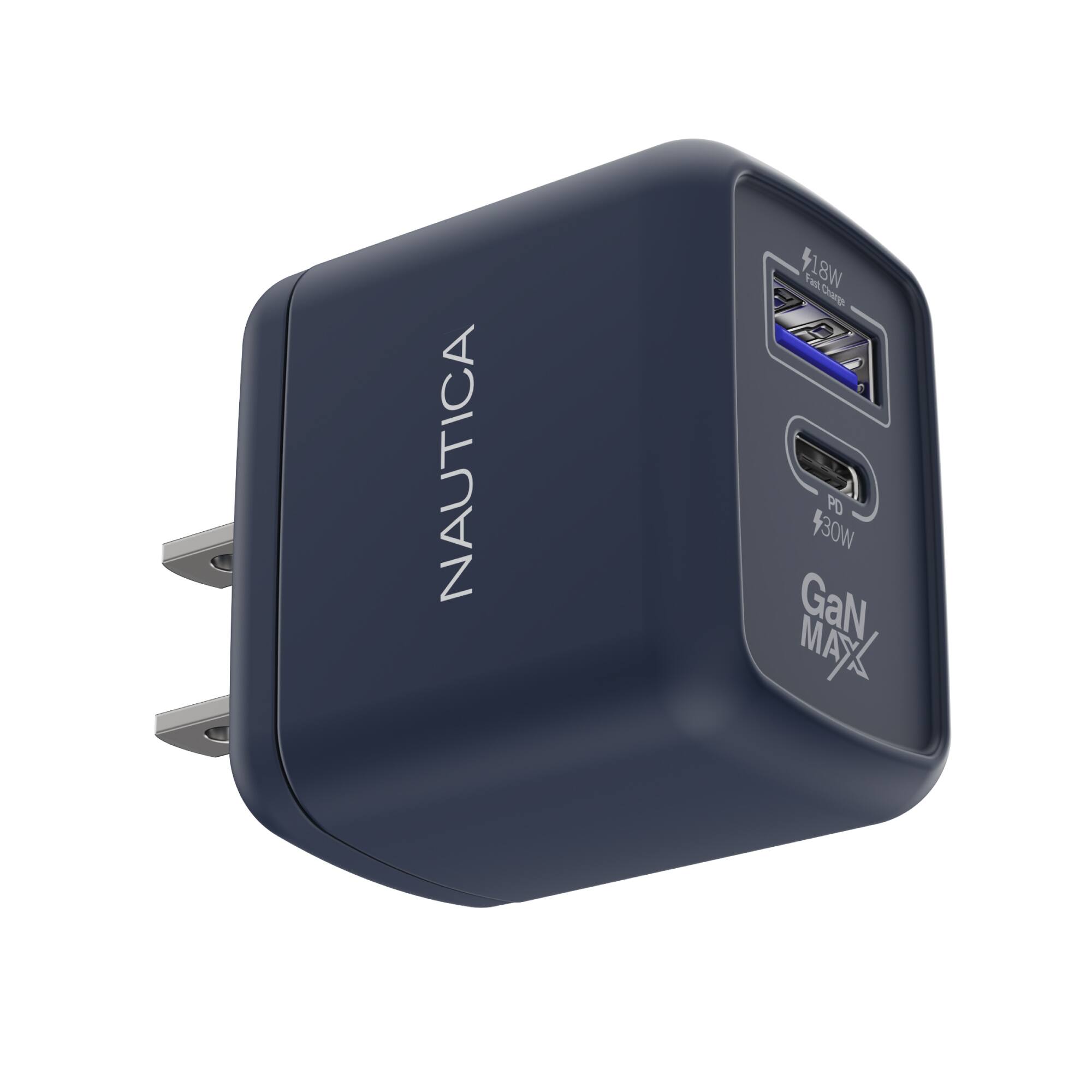 Nautica - CH130 Charger - Fast Charging 30W PD USB-C / USB-A QC3.0 Dual Port Wall Charger for iPhone 16/15, Galaxy, Pixel - Navy