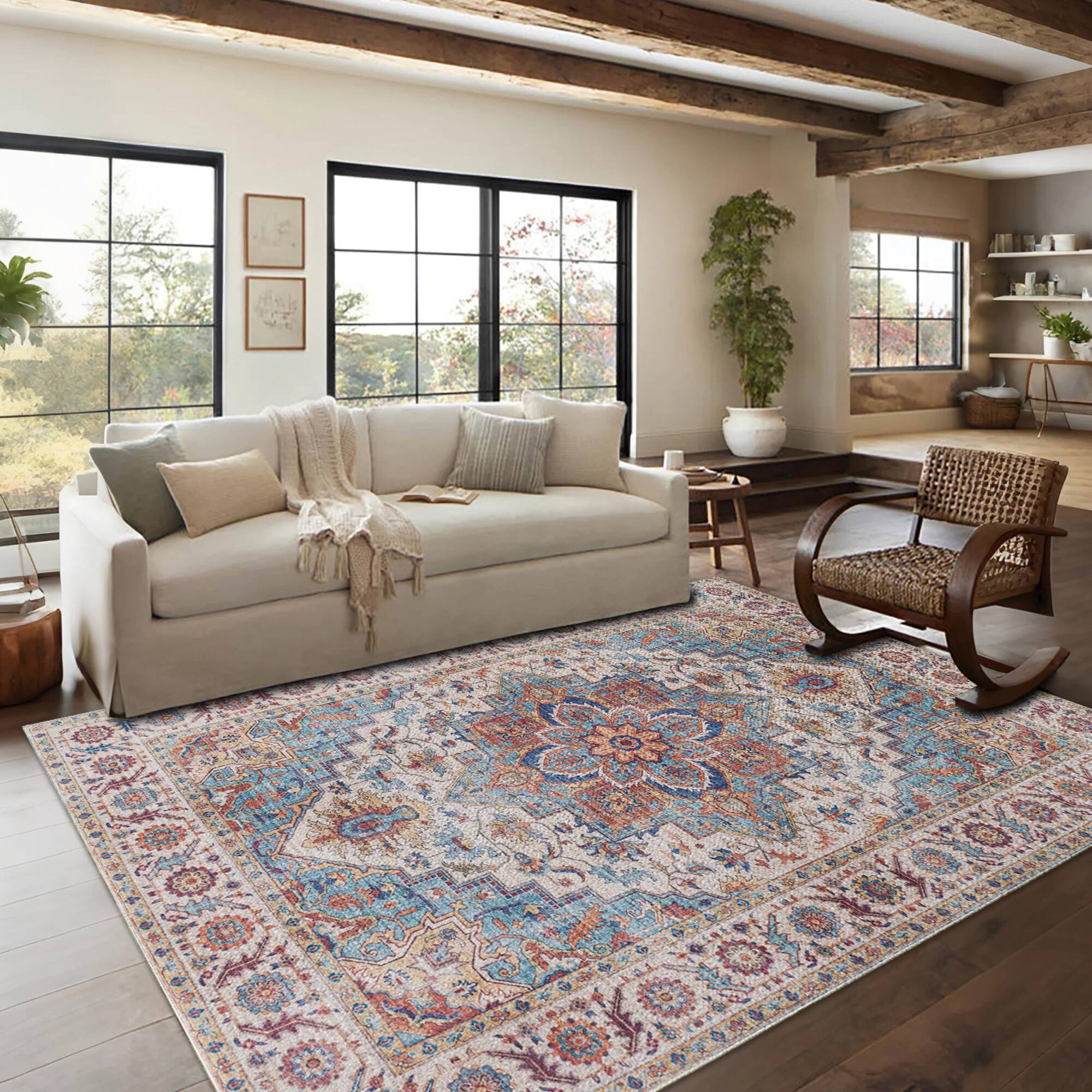 Back. Ihomeadore - 7FT x 5FT Vintage Bohemia Cotton Area Rug with Non-Slip TPR Backing for Indoor Living Room and Entryway - Red.