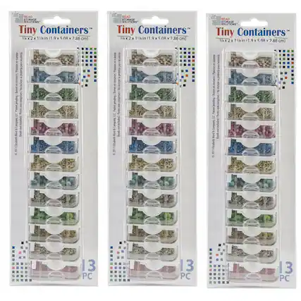 BEAD STORAGE SOLUTIONS - Tiny Containers™
3/4 x 2 x 11/8 in (1.9 x 5.08 x 2.86 cm)
Elizabeth Ward & Company, Inc.
Beads and Jewelry Storage Containers
Patent pending
Brevet No pending
Includes non-patent pending
Company included - not Ward Beads
Elizabeth Ward & Company, Inc.
13 PC