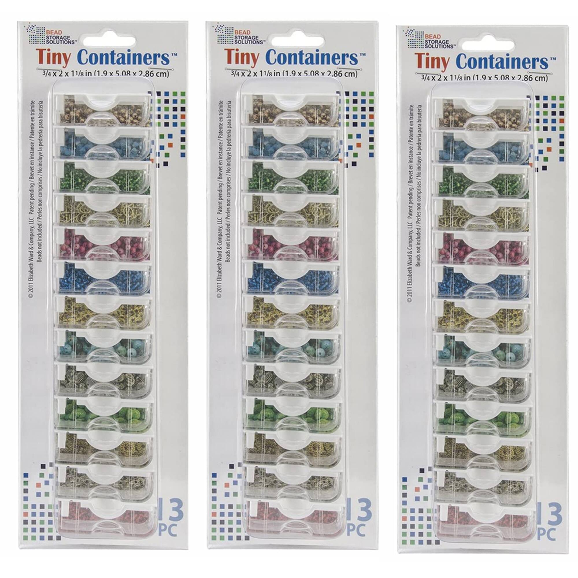 BEAD STORAGE SOLUTIONS - Tiny Containers™  
3/4 x 2 x 11/8 in (1.9 x 5.08 x 2.86 cm)  
Elizabeth Ward & Company, Inc.  
Beads and Jewelry Storage Containers  
Patent pending  
Brevet No pending  
Includes non-patent pending  
Company included - not Ward Beads  
Elizabeth Ward & Company, Inc.  
13 PC