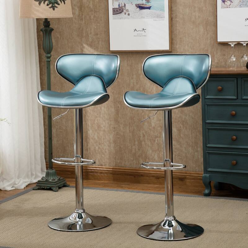Alt View 1. HTUTWOO - Faux Leather Adjustable Swivel Barstool Set of 2, Chrome Base with Footrest, for Kitchen/ Home Bar/ Office - Blue.
