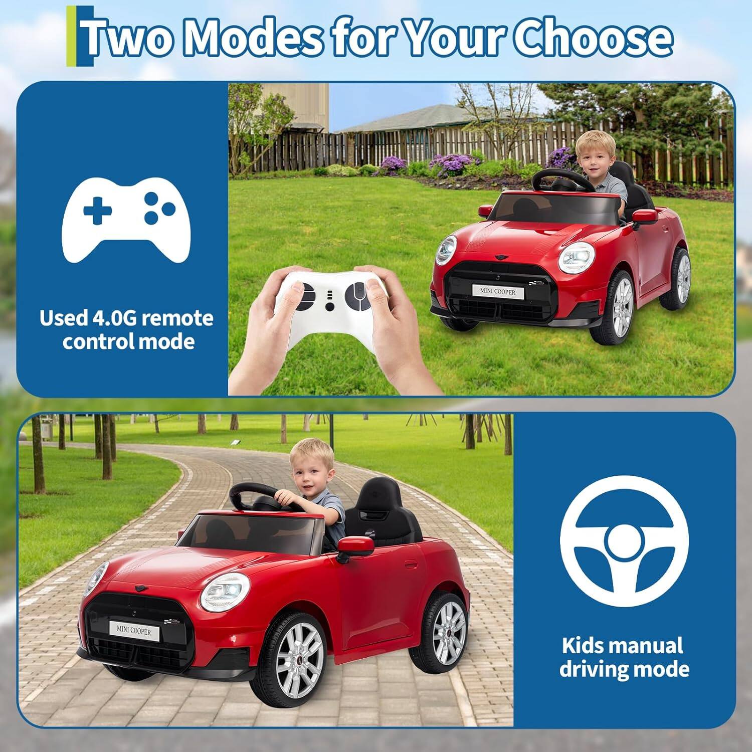 Two Modes for Your Choose

- Used 4.0G remote control mode
- Kids manual driving mode
