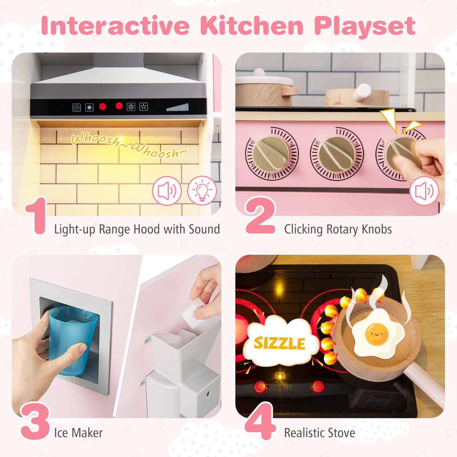 Interactive Kitchen Playset

1. Light-up Range Hood with Sound  
   Whoosh~Whoosh~Whoosh

2. Clicking Rotary Knobs

3. Ice Maker

4. Realistic Stove  
   SIZZLE
