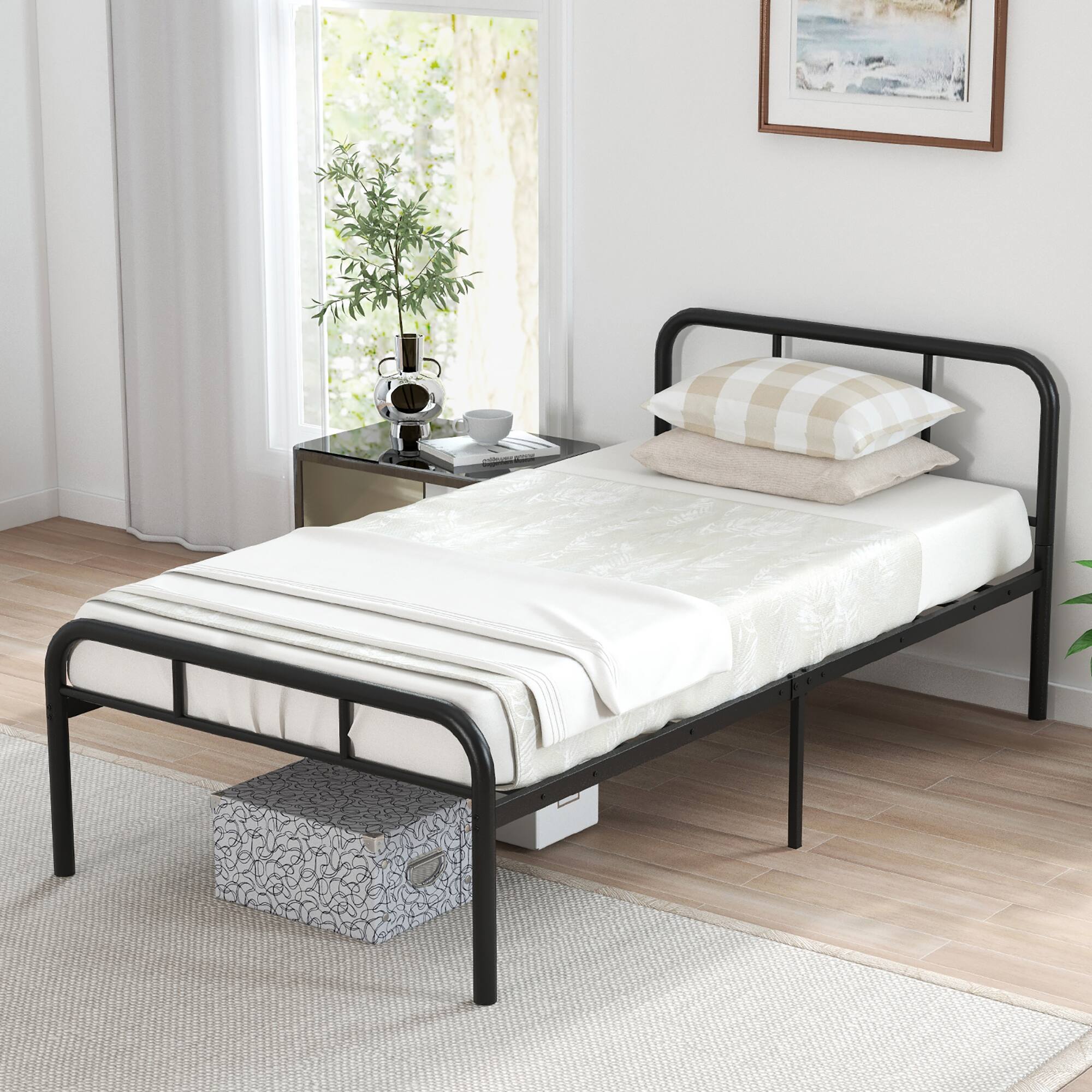 Alt View 8. Gymax - Gymax Twin Bed Frame Metal Platform Bed Base w/ Headboard & Footboard Under Bed Storage - Black.