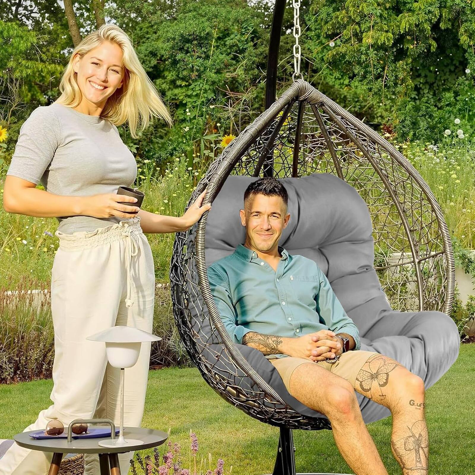 Alt View 6. Chateau Abodes - Outdoor Egg Chair Cushion, 7.9in Thick Waterproof Replacement for Hammock & Swing Chairs, Patio & Porch - Light Gray.