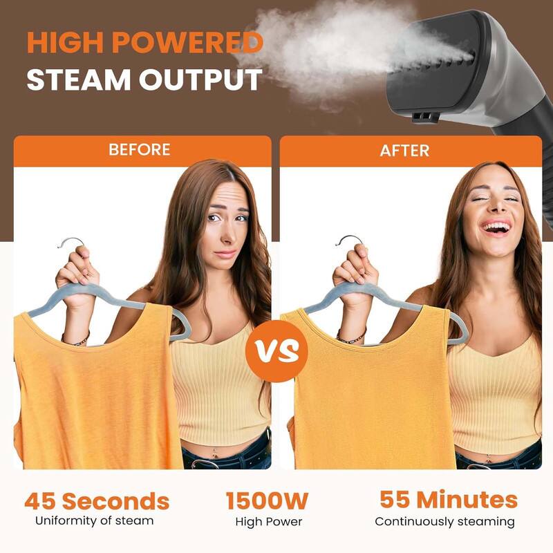 HIGH POWERED STEAM OUTPUT

BEFORE VS AFTER

45 Seconds
Uniformity of steam

1500W
High Power

55 Minutes
Continuously steaming