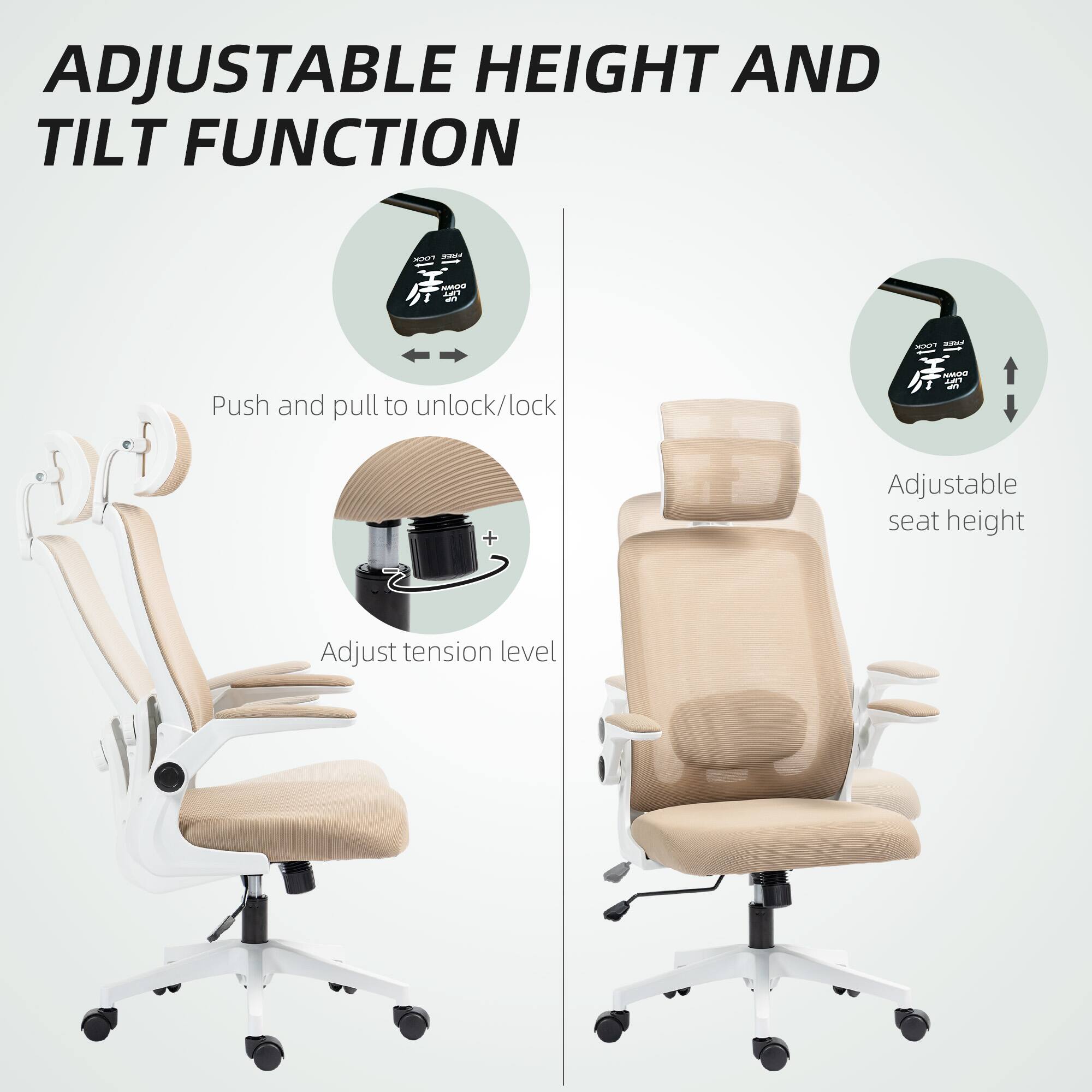 ADJUSTABLE HEIGHT AND TILT FUNCTION

- Push and pull to unlock/lock
- Adjustable seat height
- Adjust tension level