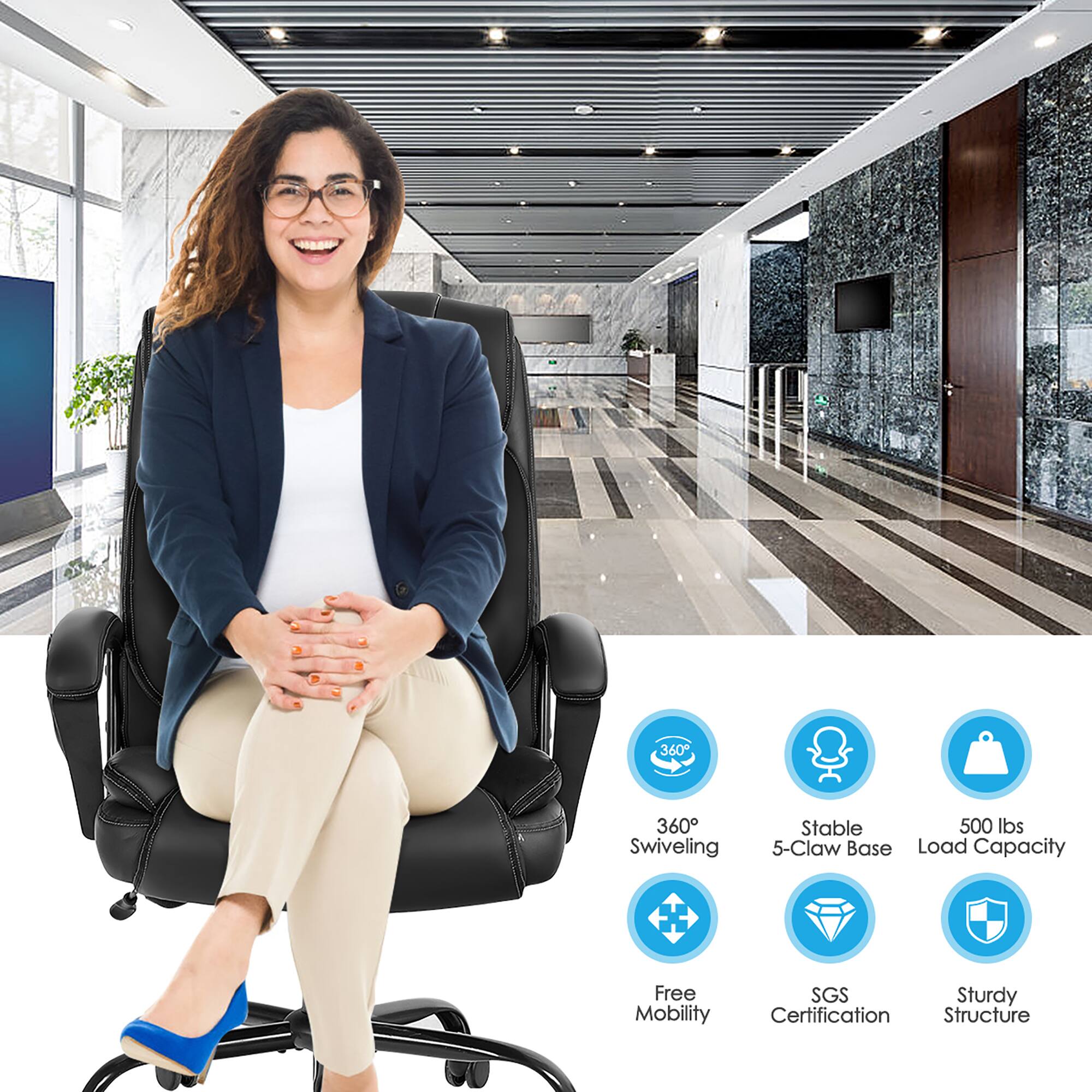 The text on the image reads: "360 360 Swiveling Stable 500 lbs 5-Claw Base Load Capacity Free Mobility SGS Sturdy Certification Structure."