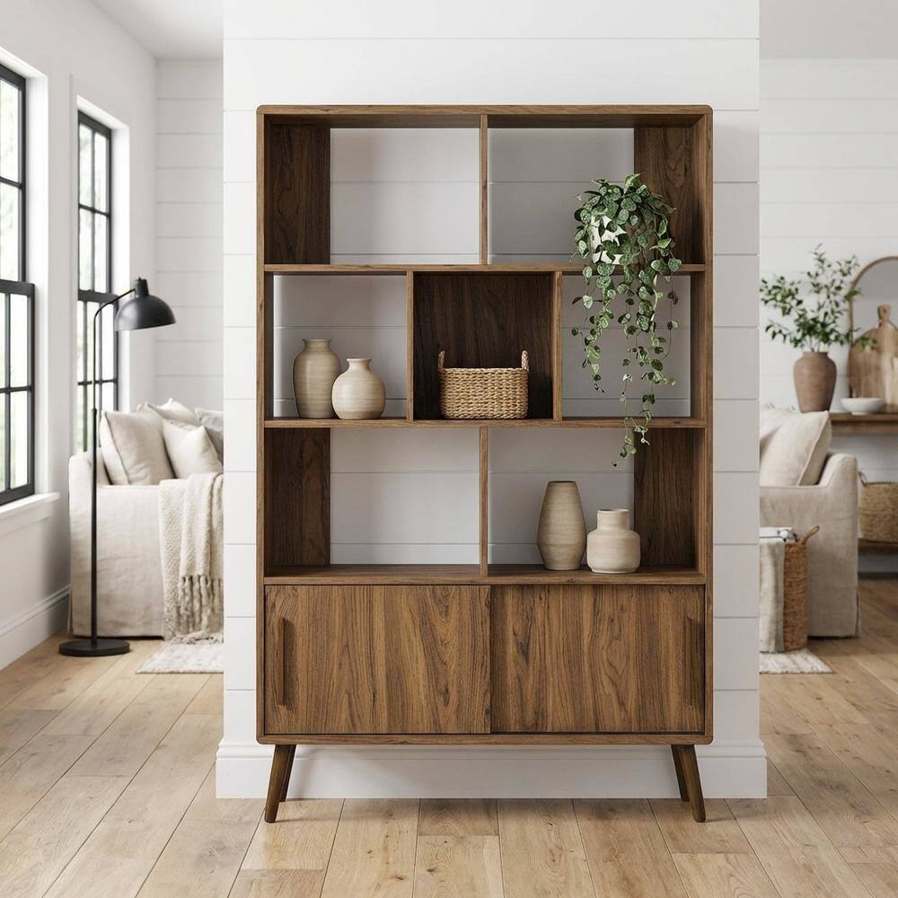 Angle. FurniFact - Bookcase with Sliding Doors in Modern Design for Living and Office Space - Brown.
