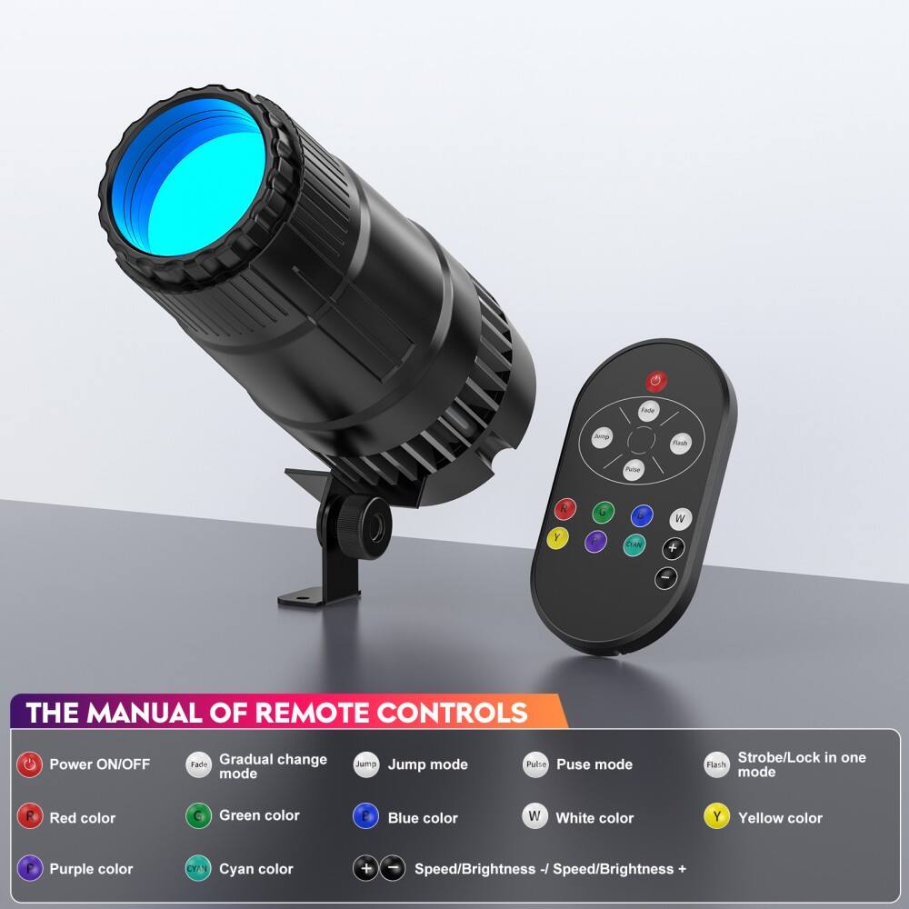 **THE MANUAL OF REMOTE CONTROLS**

- **Power ON/OFF**
- **Fade** Gradual change mode
- **Jump** Jump mode
- **Pulse** Pulse mode
- **Flash** Strobe/Lock in one mode
- **Red color**
- **Green color**
- **Blue color**
- **White color**
- **Yellow color**
- **Purple color**
- **Cyan color**
- **Speed/Brightness -** Speed/Brightness -
- **Speed/Brightness +** Speed/Brightness +