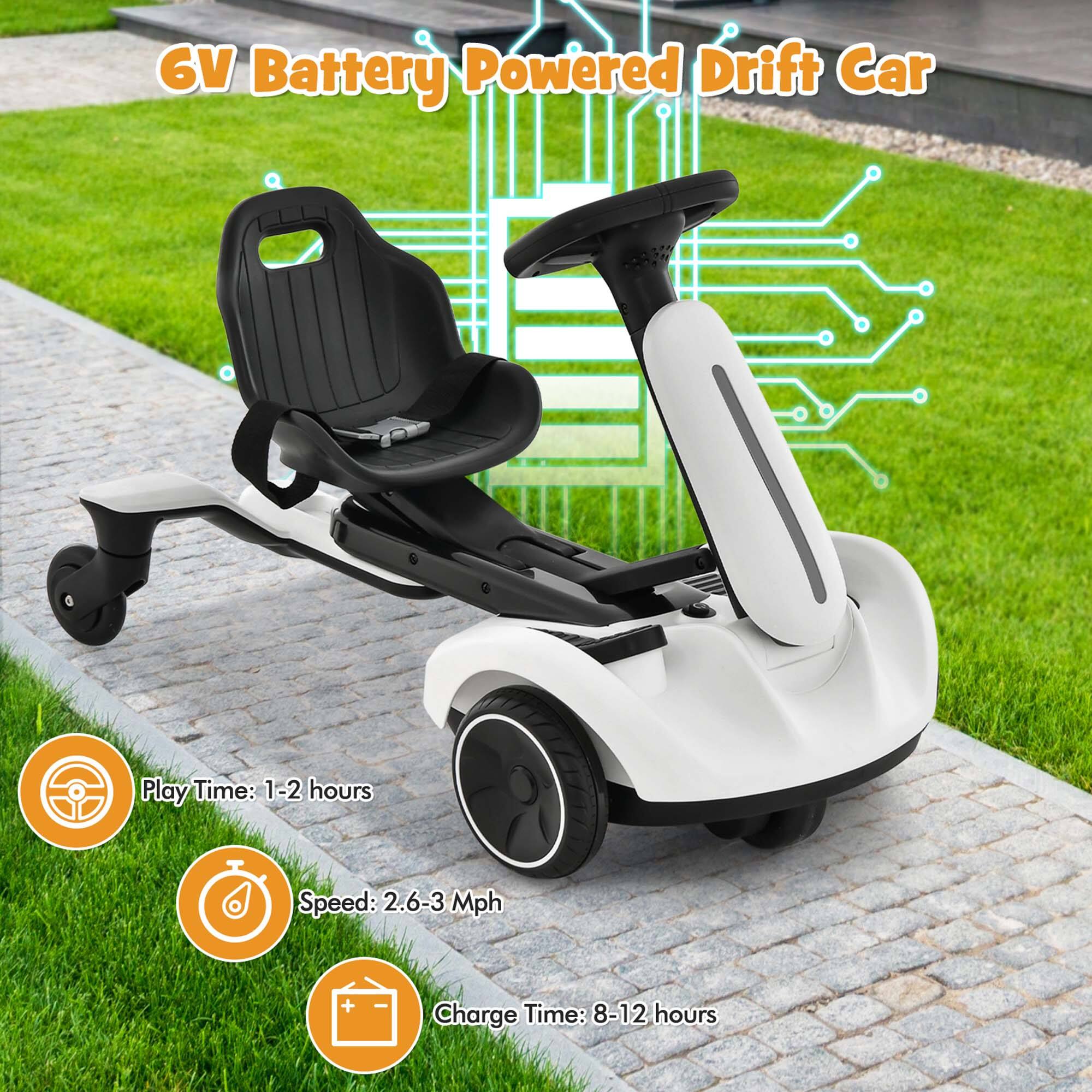 6V Battery Powered Drift Car

- Play Time: 1-2 hours
- Speed: 2.6-3 Mph
- Charge Time: 8-12 hours