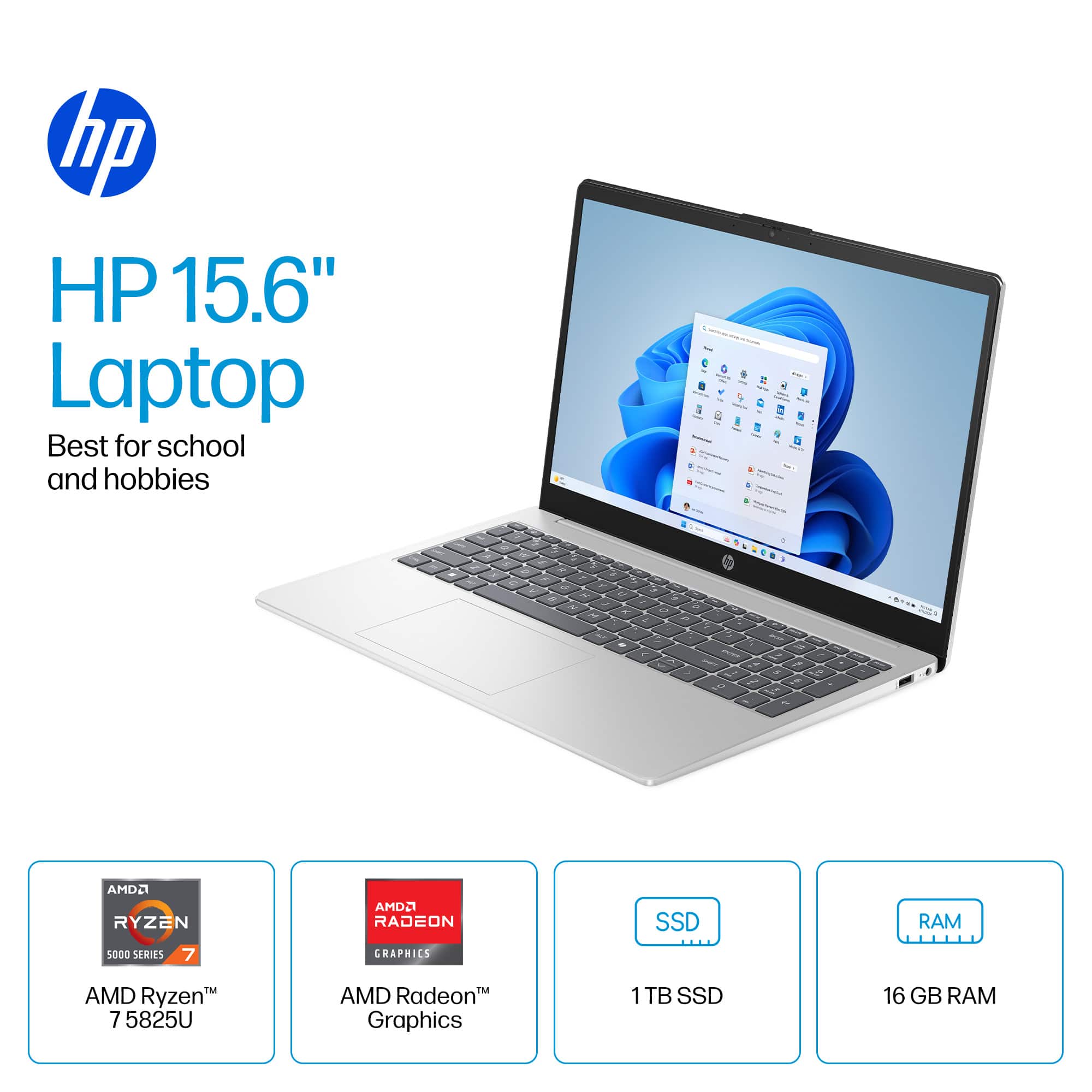 hp HP 15.6" Laptop Best for school and hobbies 1 1 P . + + - - .. - - - AMD2 RYZEN 5000 SERIES 7 AMD2 RADEON CRAPHICS SSD RAM IM AMD Ryzen 7 5825U AMD Radeon Graphics 1TB SSD 16 GB RAM