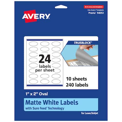 Go to avery.com/templates
AVERY
Use Avery Template Presta 94053
TRUEBLOCK
24 labels per sheet
10 sheets
240 labels
1" x 2" Oval Matte White Labels with Sure Feed Technology for Laser/Inkjet