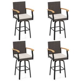Gymax - 4PCS 29'' Outdoor 360-Degree Swivel Bar Stool w/Cushion Acacia Wood Armrests Footrest Mix Off White - Brown