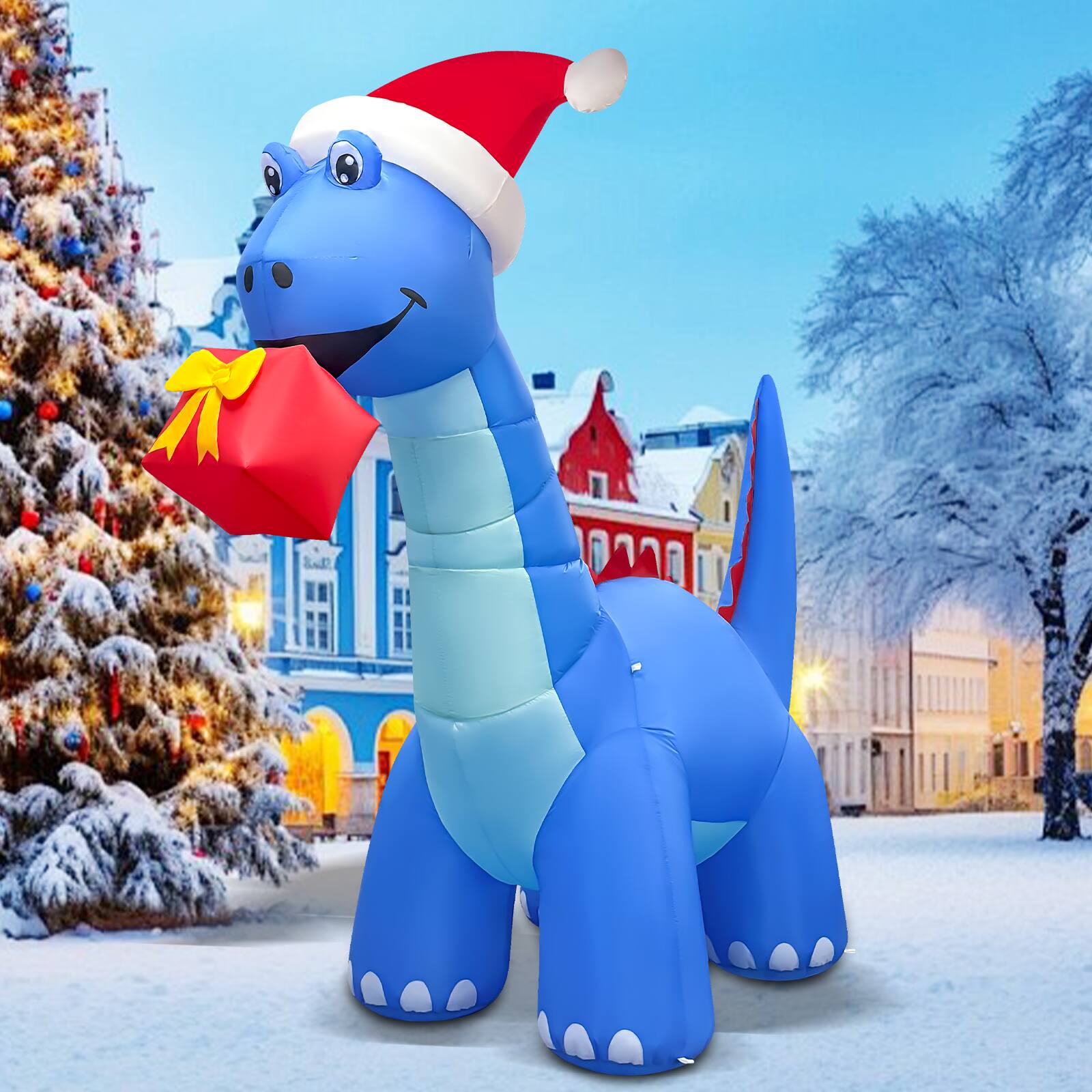 Angle. GOOSH Inflatables - GOOSH 8FT Animated Blue Dinosaur Inflatable with Nodding Head and LED Lights - Blue.