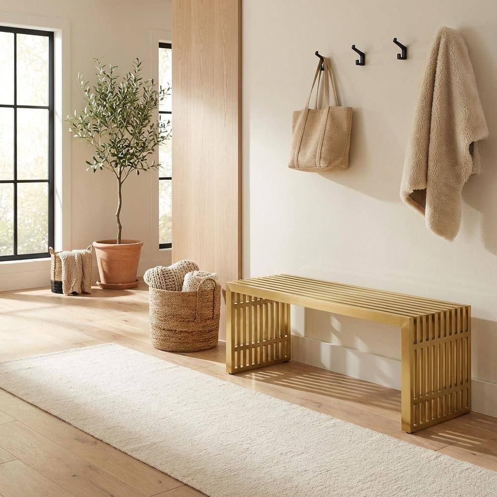 Back. FurniFact - Medium stainless steel bench with durable construction and sleek design - Gold.