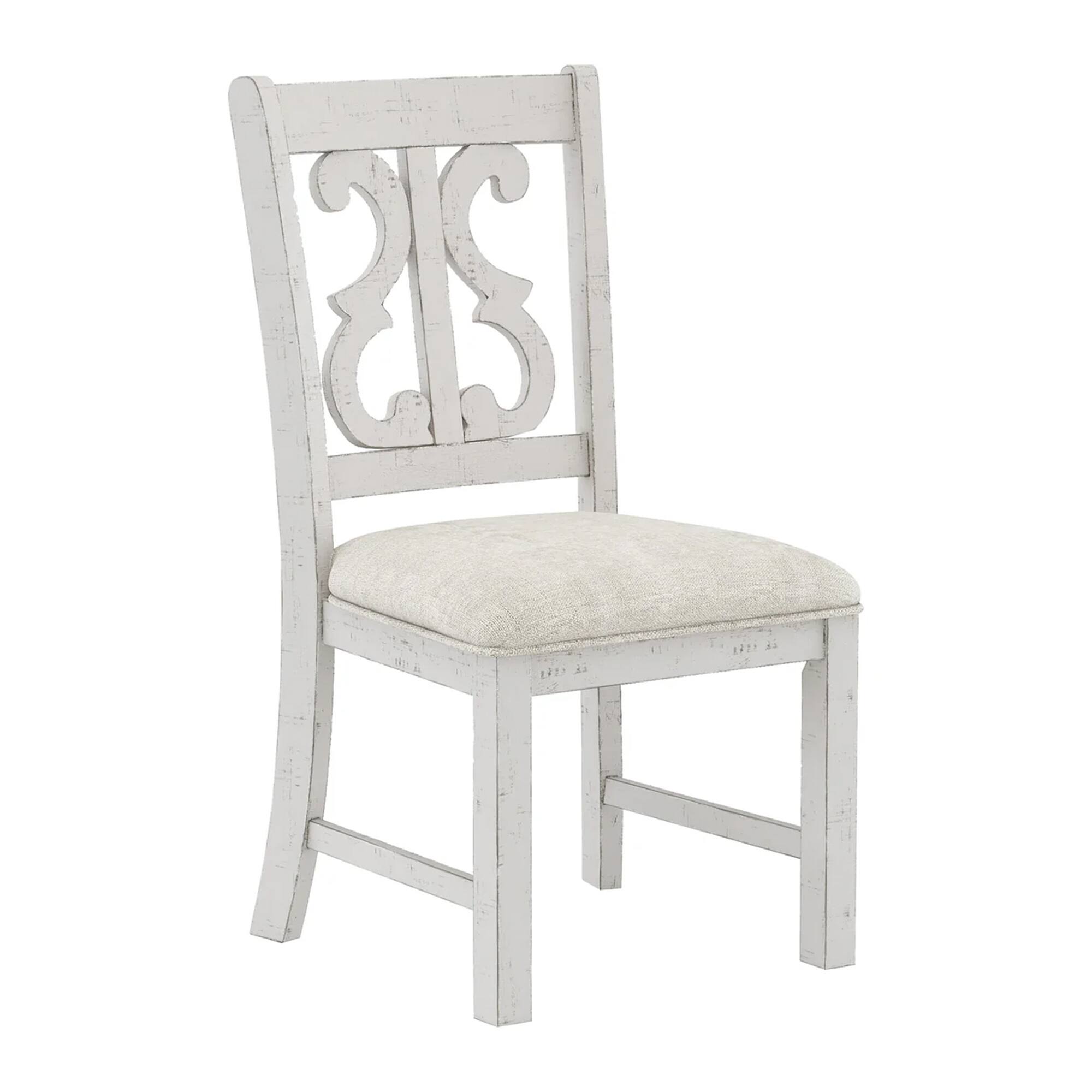Alt View 1. Manhattan Lane - Eya 5pc Dining Table and Chair Set, Distressed White Wood, Gray Fabric - White, Gray.