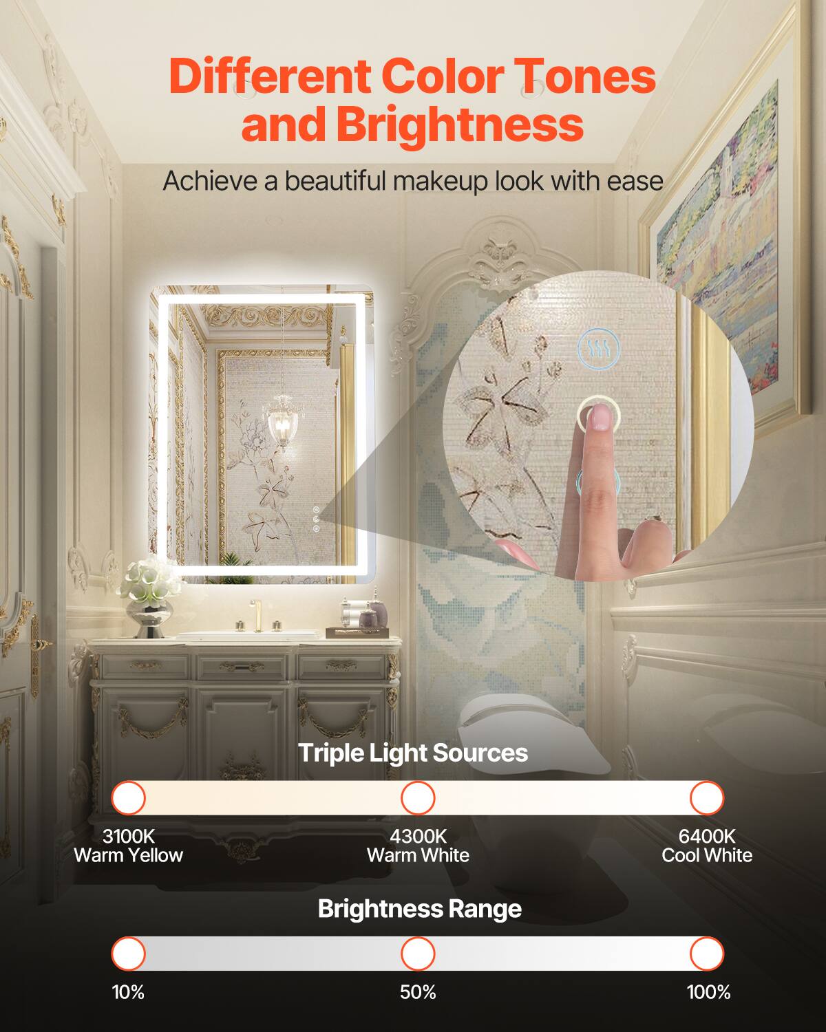 Different Color Tones and Brightness  
Achieve a beautiful makeup look with ease  

Triple Light Sources  
3100K Warm Yellow  
4300K Warm White  
6400K Cool White  

Brightness Range  
10%  
50%  
100%