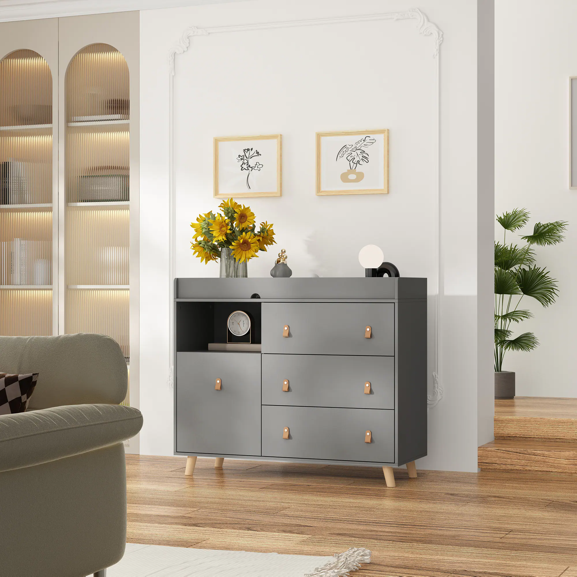 Left. FUFU & GAGA - FUFU&GAGA Steel - Frame Storage Bed: LED Lights, Multi - Drawer & Modern Style - Gray.