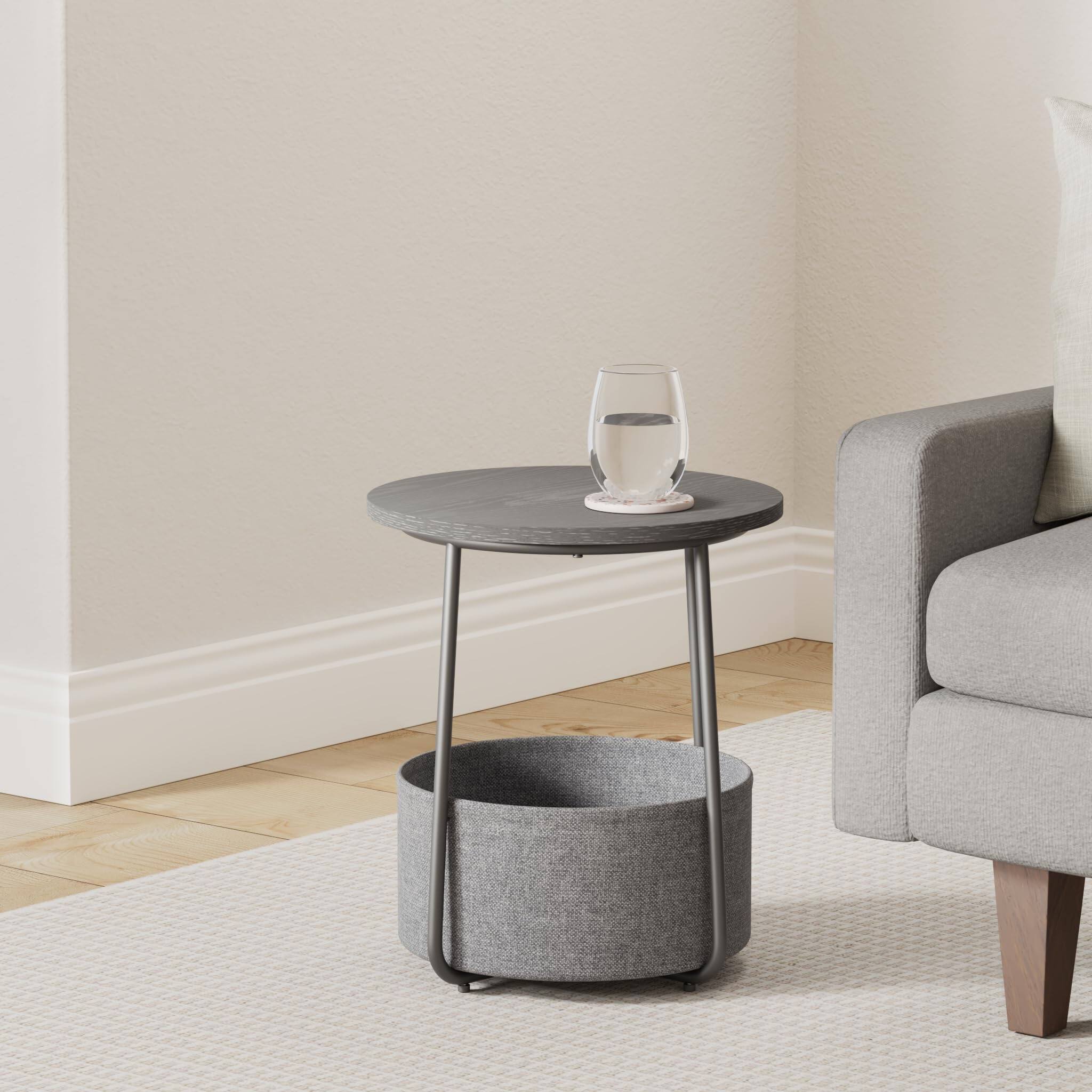 Alt View 5. Songmics Home - Small Round Side End Table – Modern Nightstand with Fabric Basket Ebony Black - Black.
