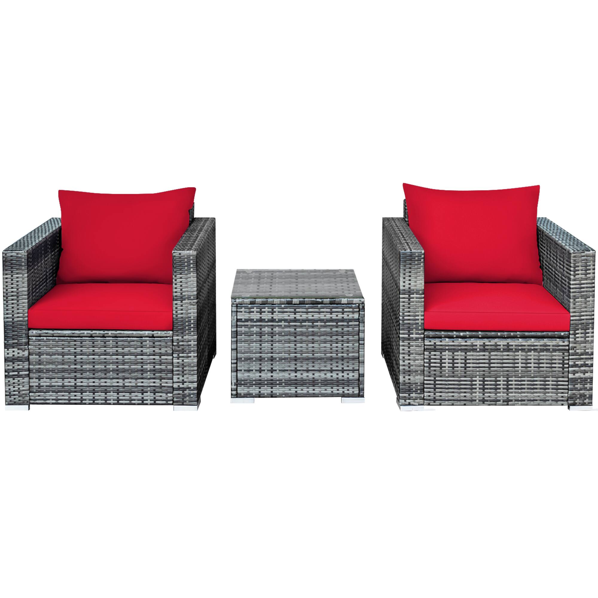 Alt View 9. Gymax - Gymax 3PCS Rattan Patio Conversation Furniture Set Outdoor Yard w/ Red Cushion - Red.