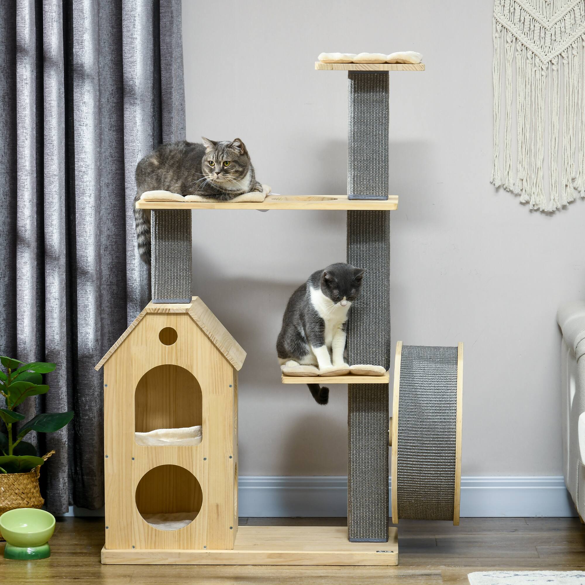 Alt View 5. Pawhut - 53" Modern Indoor Cat Tree, with Scratching Posts & Wheel, Double-Layer Cushioned House, Climbing Wooden Cat Furniture.