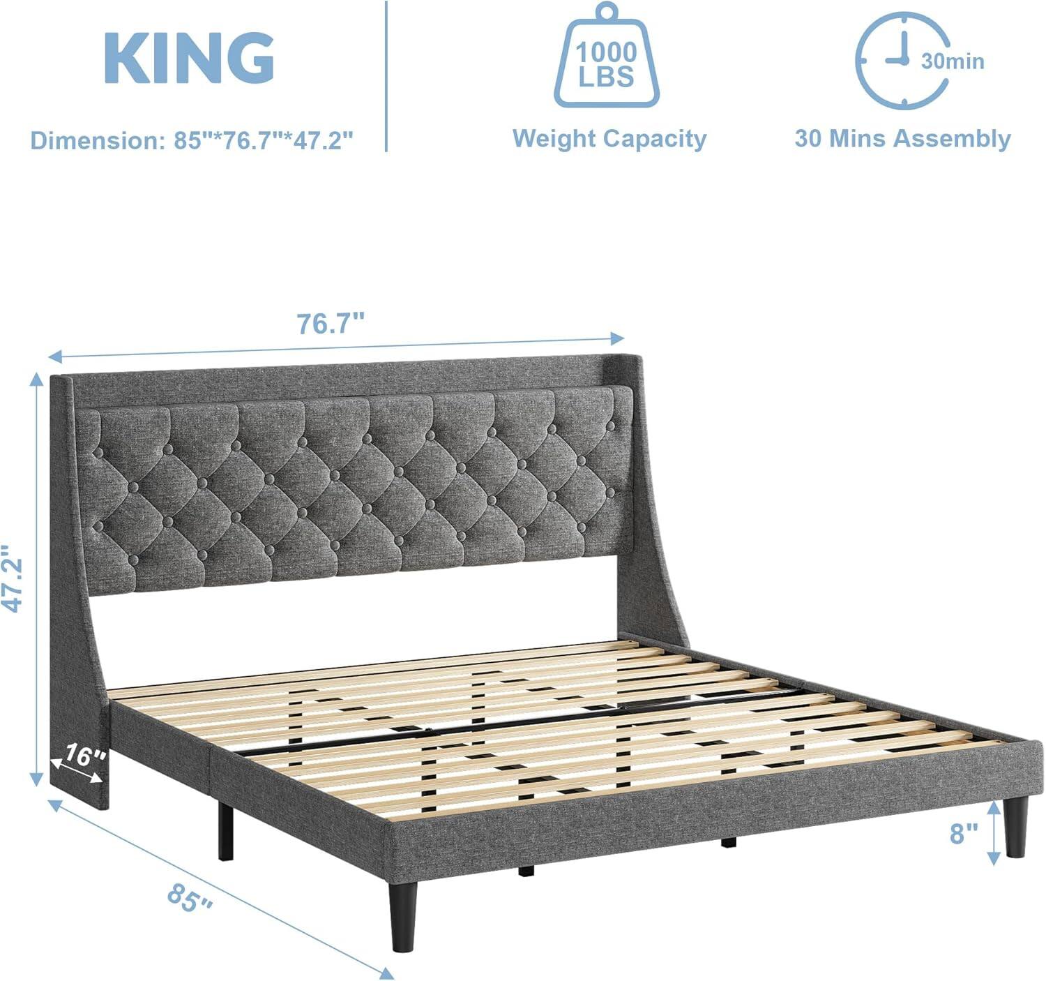 KING  
Dimension: 85" x 76.7" x 47.2"  
Weight Capacity: 1000 LBS  
30 Mins Assembly