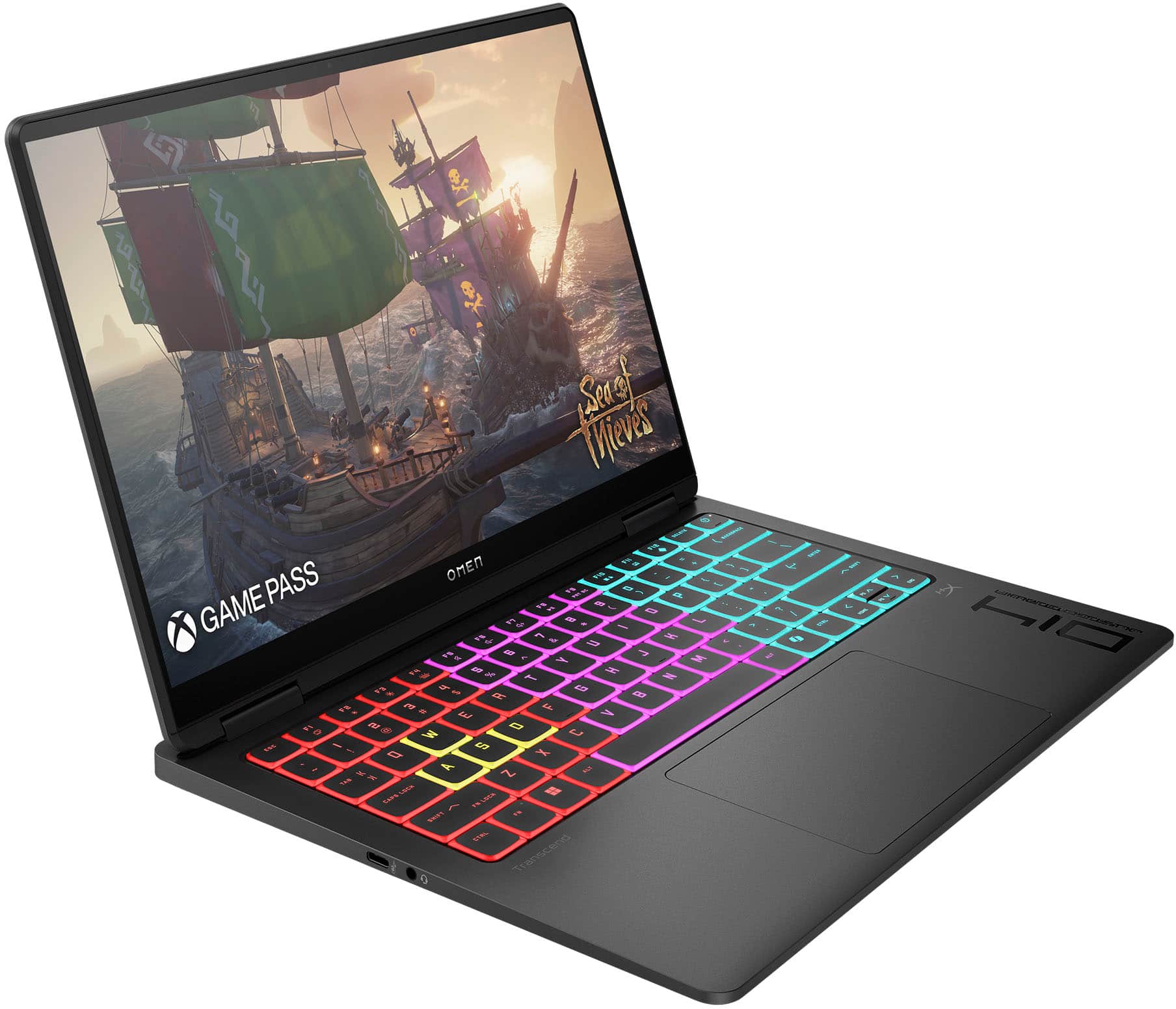 The text on the image reads:
"GAME PASS XBOX ONE X 17.5 inch 4K UHD Gaming Laptop with RGB Keyboard and Windows 10 Home (Intel Core i7-10750H, NVIDIA GeForce GTX 1660 Ti, 16GB RAM, 512GB SSD, Wi-Fi, Bluetooth, HDMI, USB Type-C, Windows Hello, Fingerprint Reader) (Xbox Game Pass Ultimate)"